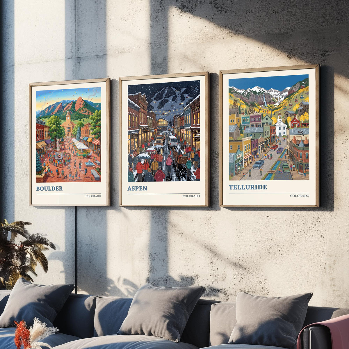 Colorado Set of Three Art Prints - Boulder, Aspen, Telluride - 3 Colourful Folk Illustration Travel Posters - Rocky Mountain Painting