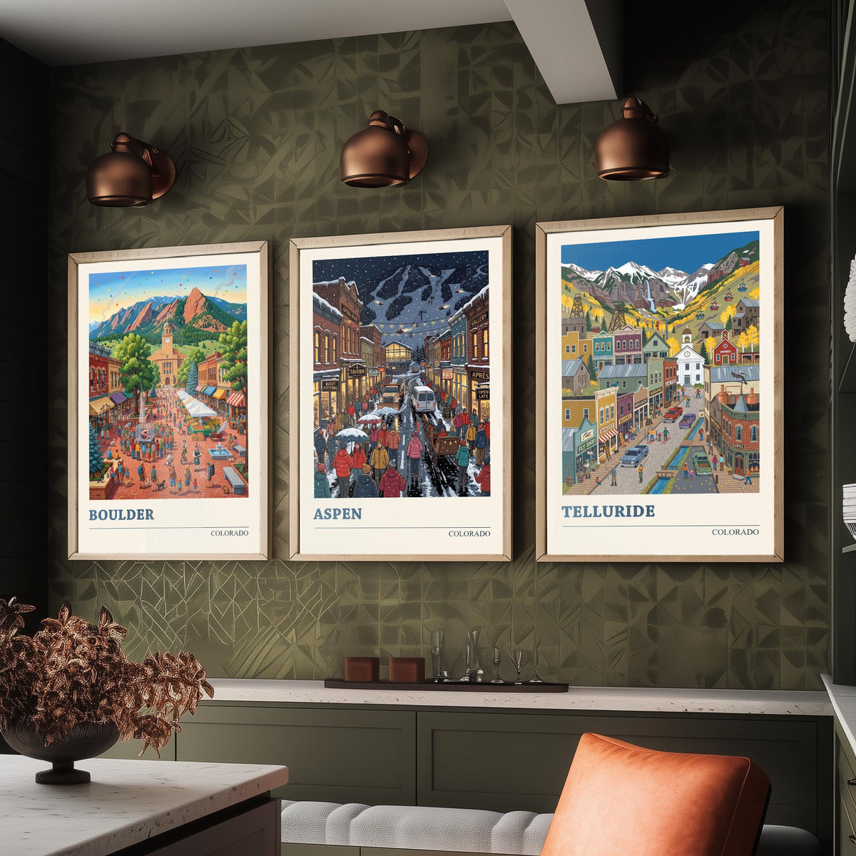 Colorado Set of Three Art Prints - Boulder, Aspen, Telluride - 3 Colourful Folk Illustration Travel Posters - Rocky Mountain Painting