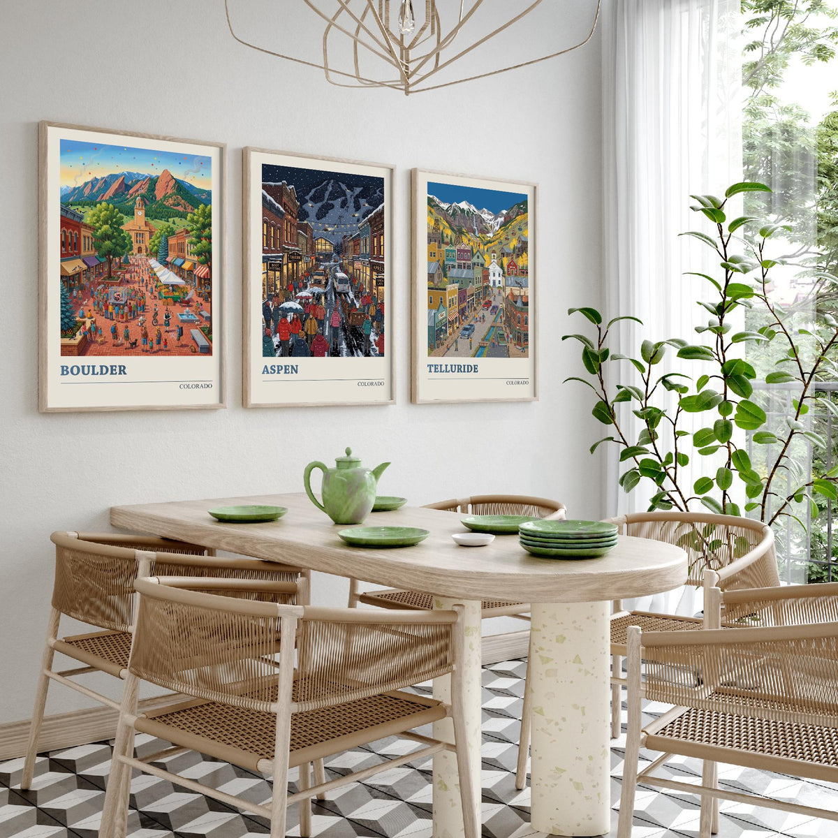 Colorado Set of Three Art Prints - Boulder, Aspen, Telluride - 3 Colourful Folk Illustration Travel Posters - Rocky Mountain Painting