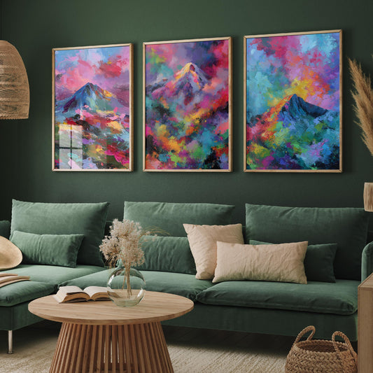 Scottish Mountains Set of Three Art Prints - Schiehallion, Ben Nevis, Buachaille Etive Mor - Vibrant Colourburst Painting Poster