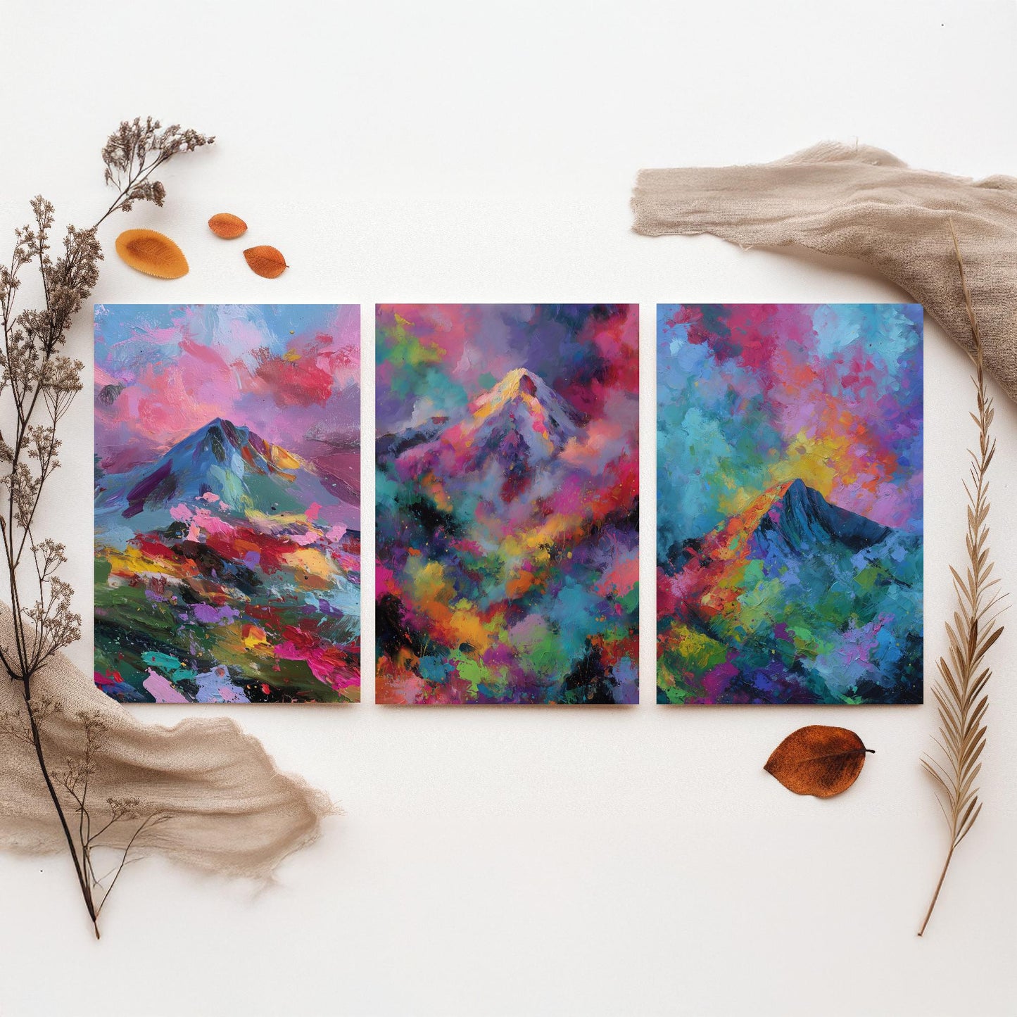 Scottish Mountains Set of Three Art Prints - Schiehallion, Ben Nevis, Buachaille Etive Mor - Vibrant Colourburst Painting Poster