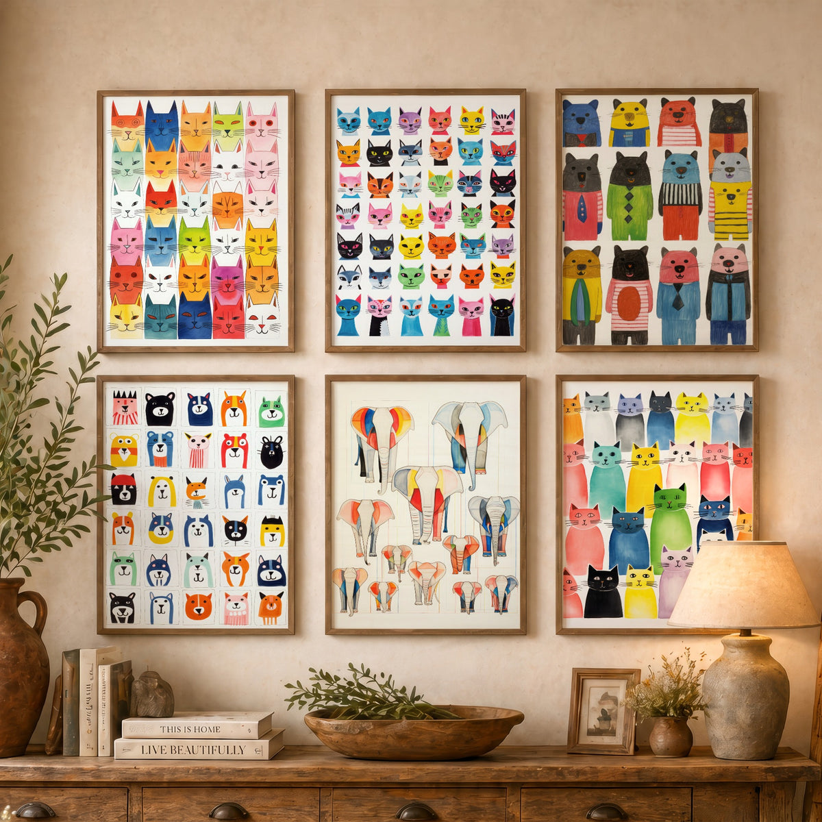 Set of Six Colourful Cat and Animal Pattern Art Prints - 6 Whimsical Folk Posters - Cats, Bears, Elephants Naive Watercolour