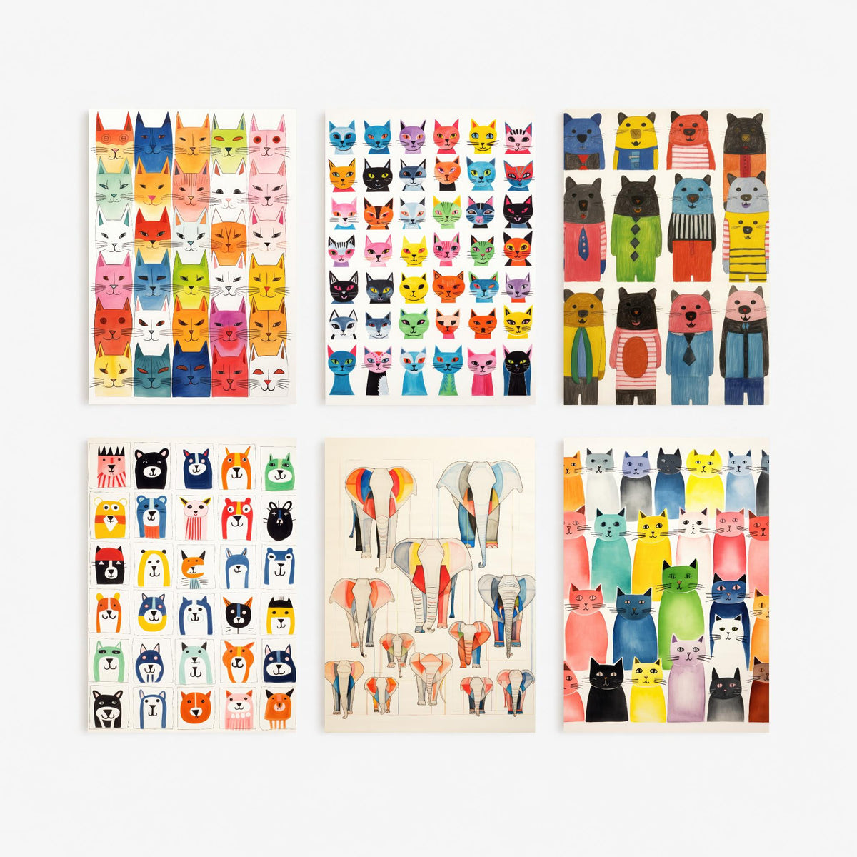 Set of Six Colourful Cat and Animal Pattern Art Prints - 6 Whimsical Folk Posters - Cats, Bears, Elephants Naive Watercolour