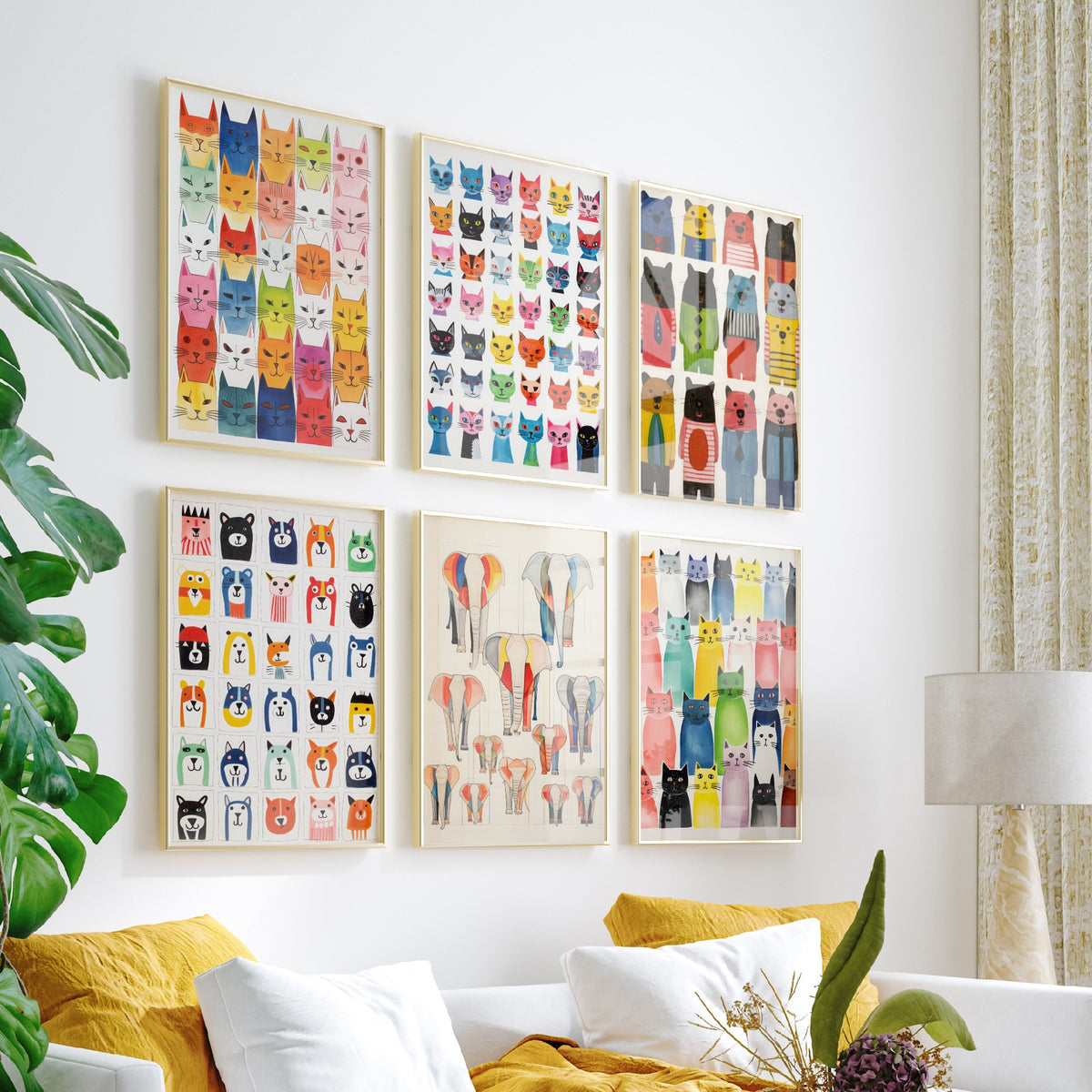 Set of Six Colourful Cat and Animal Pattern Art Prints - 6 Whimsical Folk Posters - Cats, Bears, Elephants Naive Watercolour
