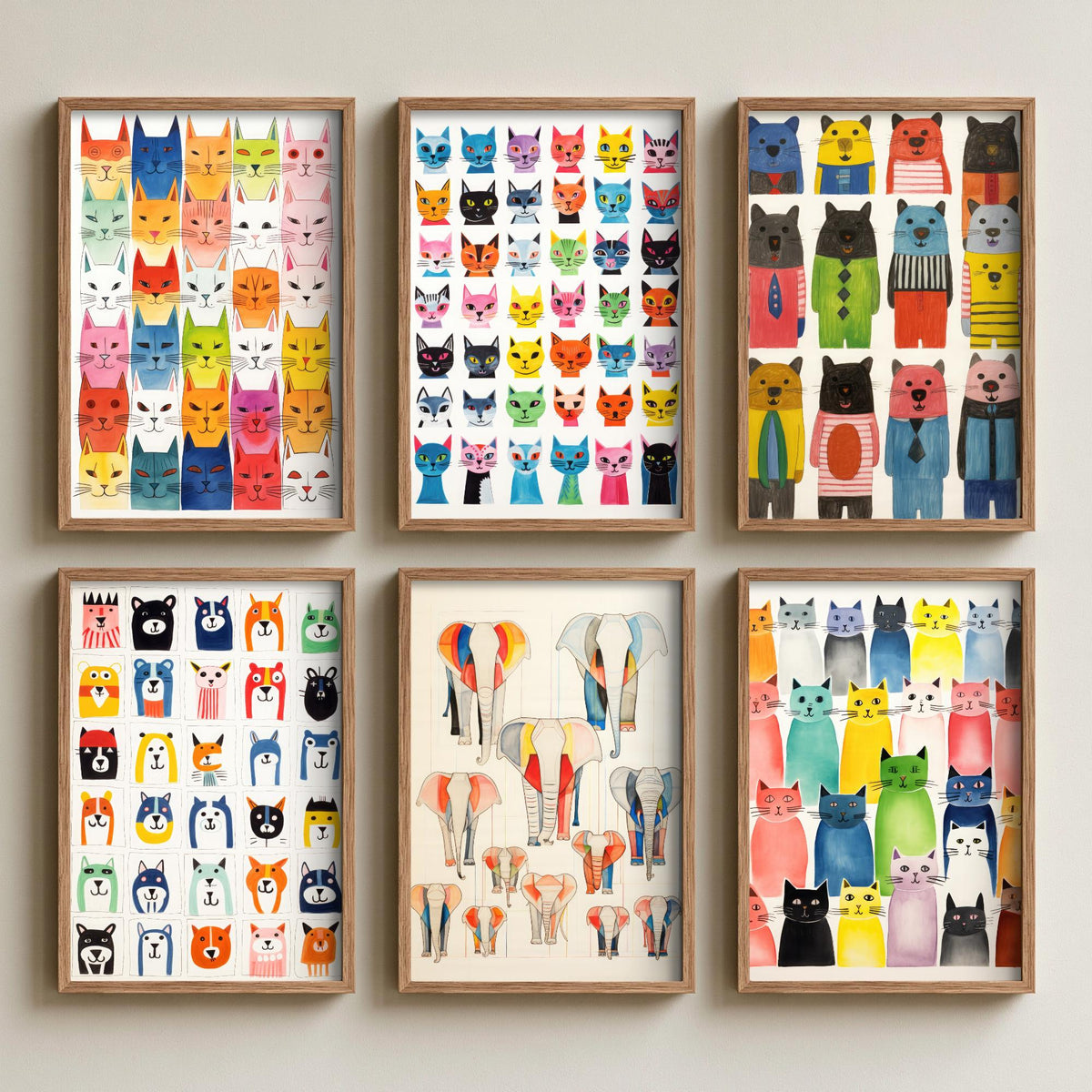 Set of Six Colourful Cat and Animal Pattern Art Prints - 6 Whimsical Folk Posters - Cats, Bears, Elephants Naive Watercolour