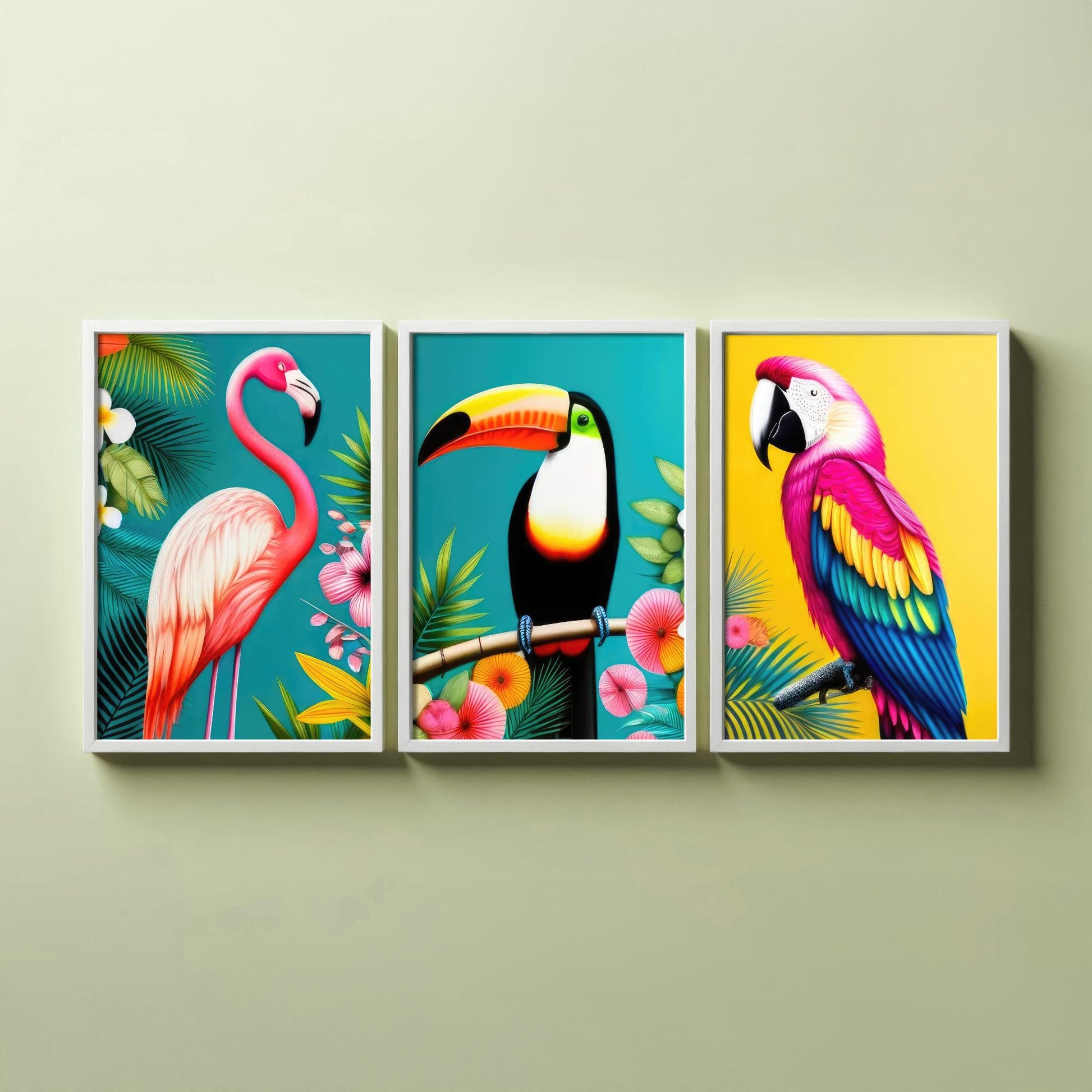 Tropical Birds Set of Three Art Prints - 3 Flamingo Toucan Parrot Posters - Colourful Pop Art Illustration Wall Decor Bird Gift