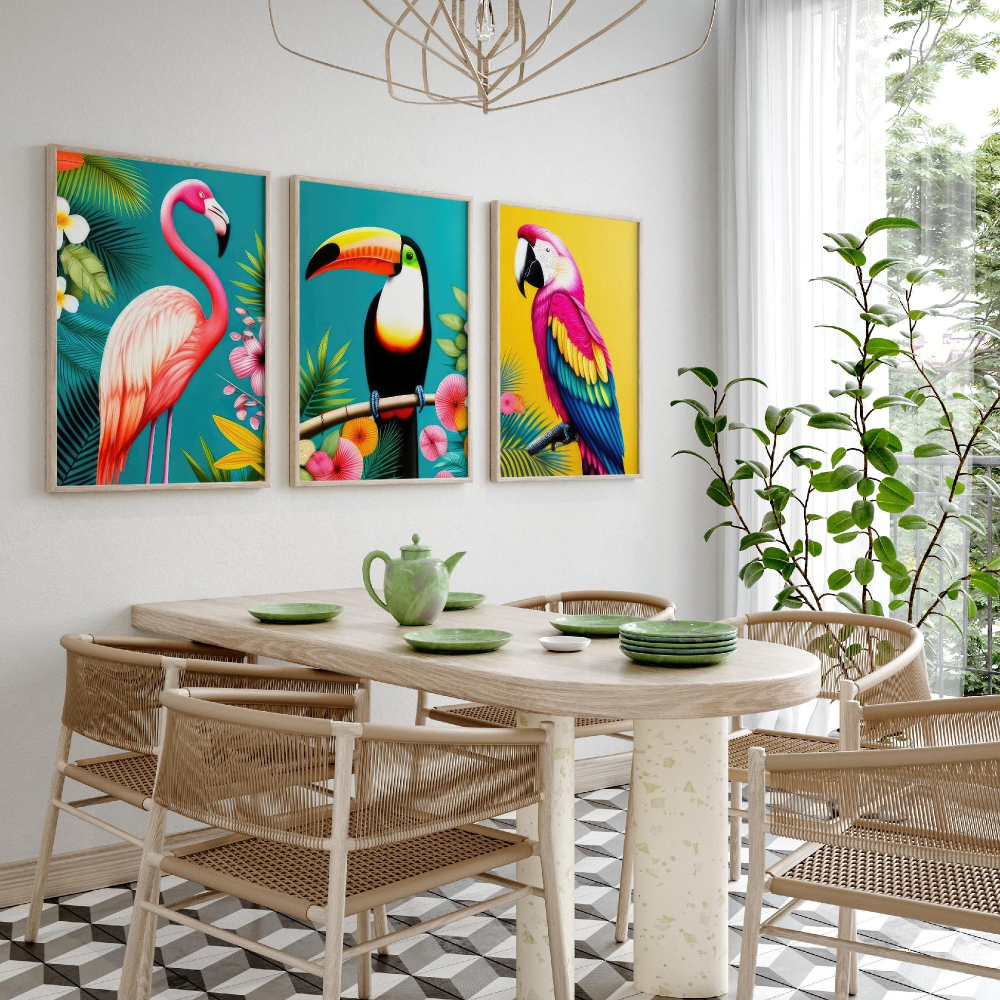 Tropical Birds Set of Three Art Prints - 3 Flamingo Toucan Parrot Posters - Colourful Pop Art Illustration Wall Decor Bird Gift