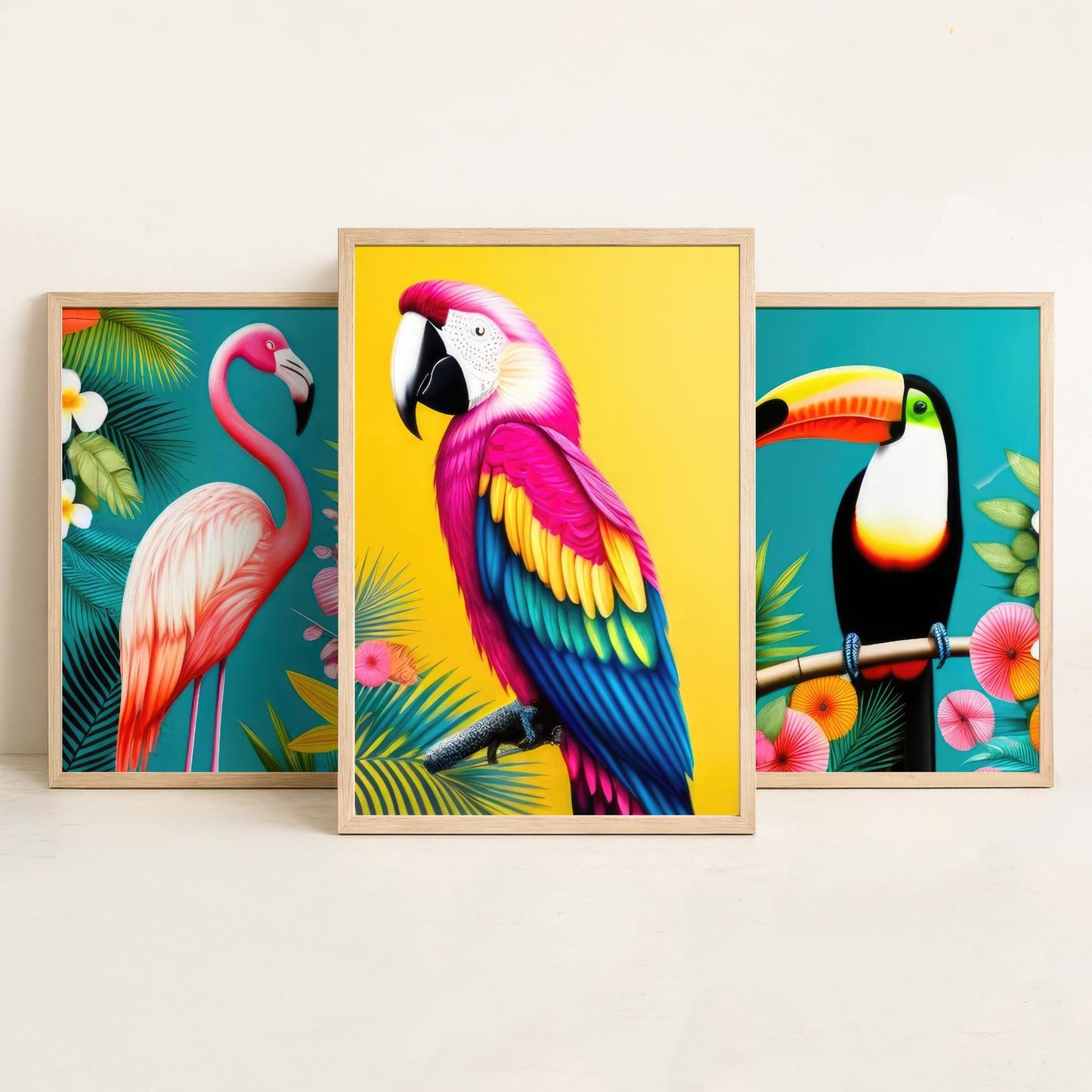 Tropical Birds Set of Three Art Prints - 3 Flamingo Toucan Parrot Posters - Colourful Pop Art Illustration Wall Decor Bird Gift