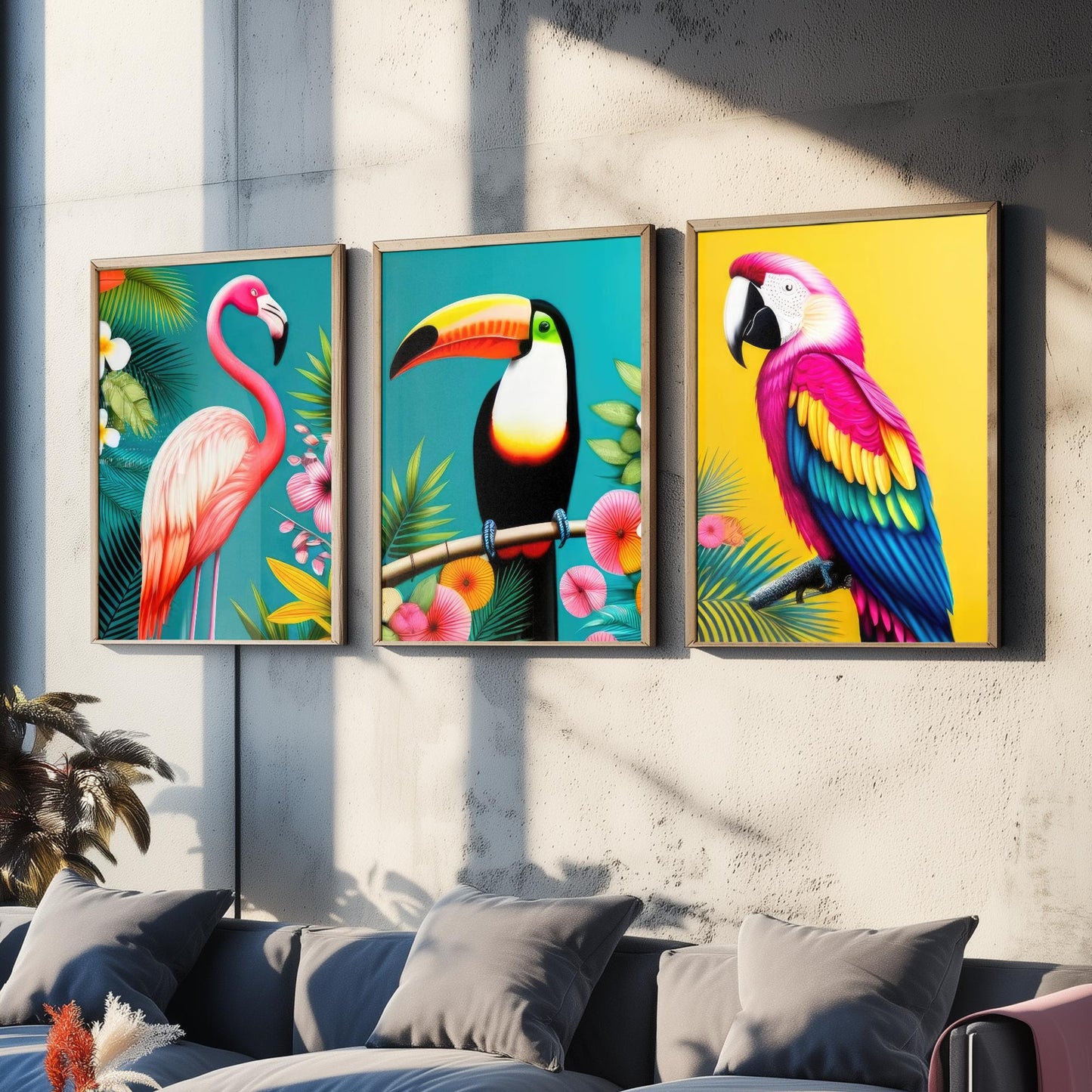 Tropical Birds Set of Three Art Prints - 3 Flamingo Toucan Parrot Posters - Colourful Pop Art Illustration Wall Decor Bird Gift