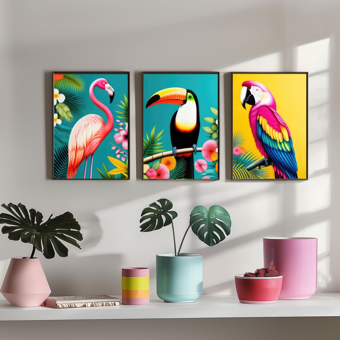Tropical Birds Set of Three Art Prints - 3 Flamingo Toucan Parrot Posters - Colourful Pop Art Illustration Wall Decor Bird Gift