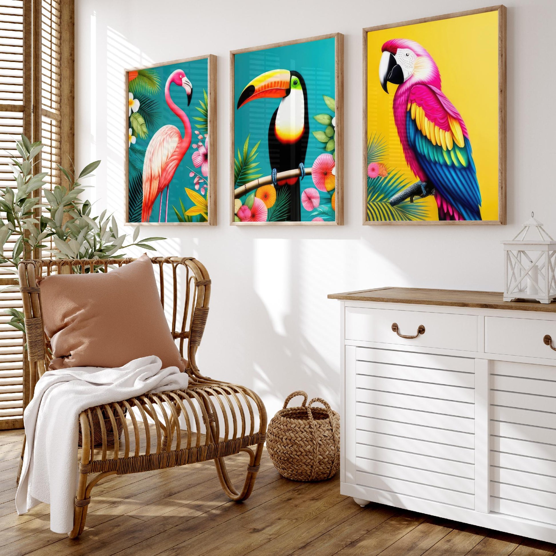 Tropical Birds Set of Three Art Prints - 3 Flamingo Toucan Parrot Posters - Colourful Pop Art Illustration Wall Decor Bird Gift