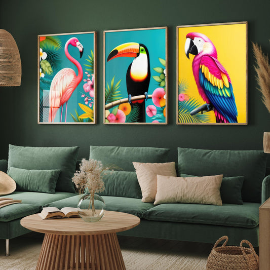 Tropical Birds Set of Three Art Prints - 3 Flamingo Toucan Parrot Posters - Colourful Pop Art Illustration Wall Decor Bird Gift