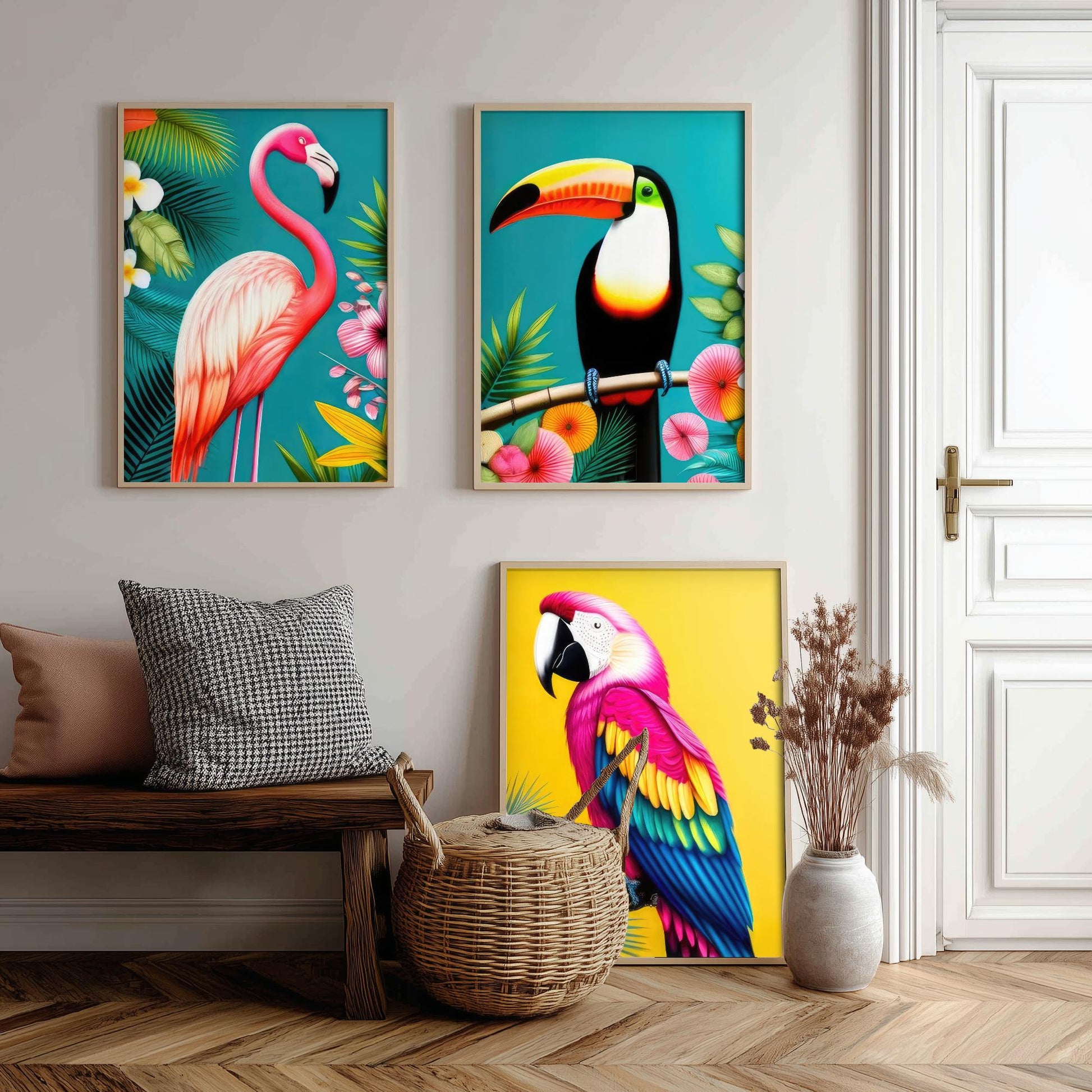Tropical Birds Set of Three Art Prints - 3 Flamingo Toucan Parrot Posters - Colourful Pop Art Illustration Wall Decor Bird Gift
