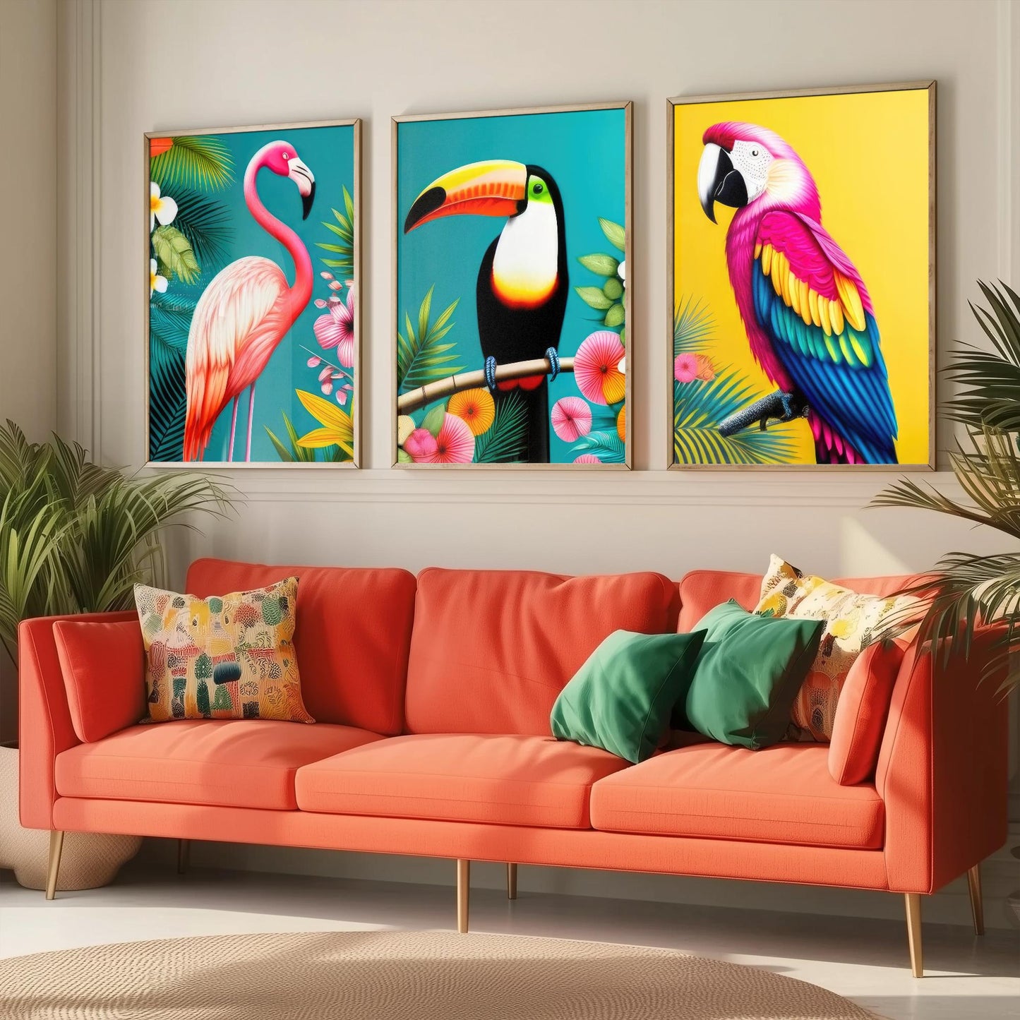 Tropical Birds Set of Three Art Prints - 3 Flamingo Toucan Parrot Posters - Colourful Pop Art Illustration Wall Decor Bird Gift