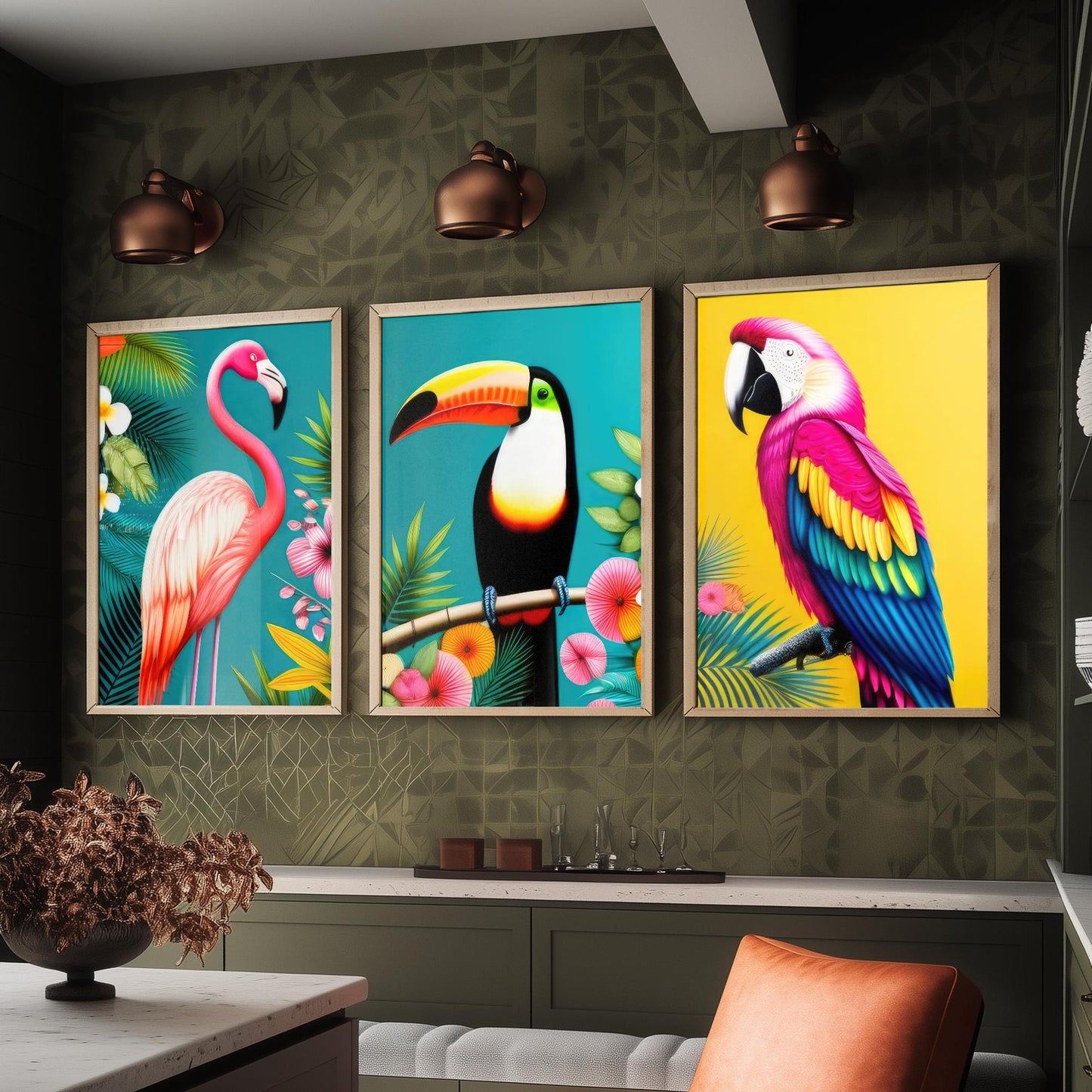 Tropical Birds Set of Three Art Prints - 3 Flamingo Toucan Parrot Posters - Colourful Pop Art Illustration Wall Decor Bird Gift