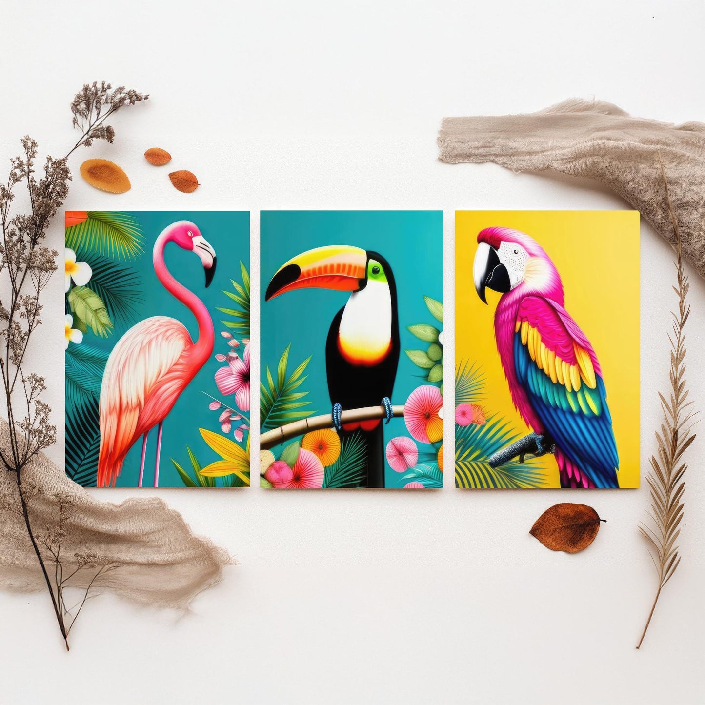 Tropical Birds Set of Three Art Prints - 3 Flamingo Toucan Parrot Posters - Colourful Pop Art Illustration Wall Decor Bird Gift