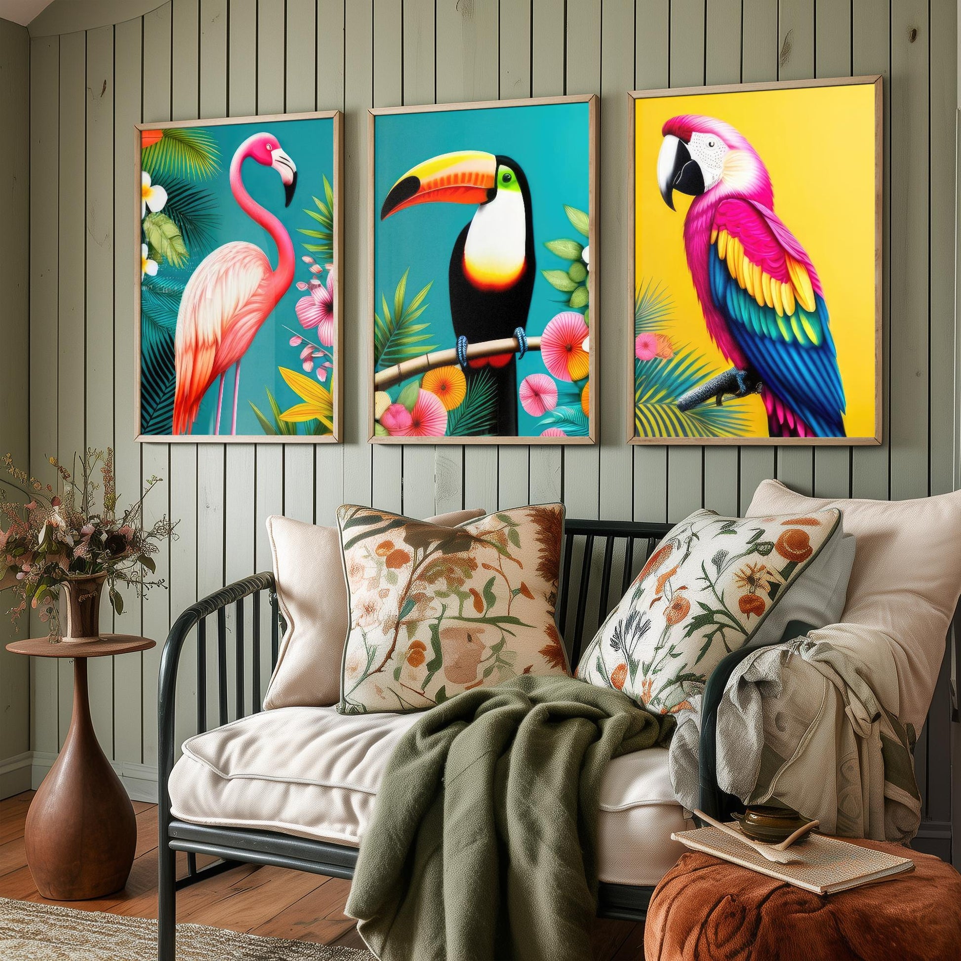 Tropical Birds Set of Three Art Prints - 3 Flamingo Toucan Parrot Posters - Colourful Pop Art Illustration Wall Decor Bird Gift