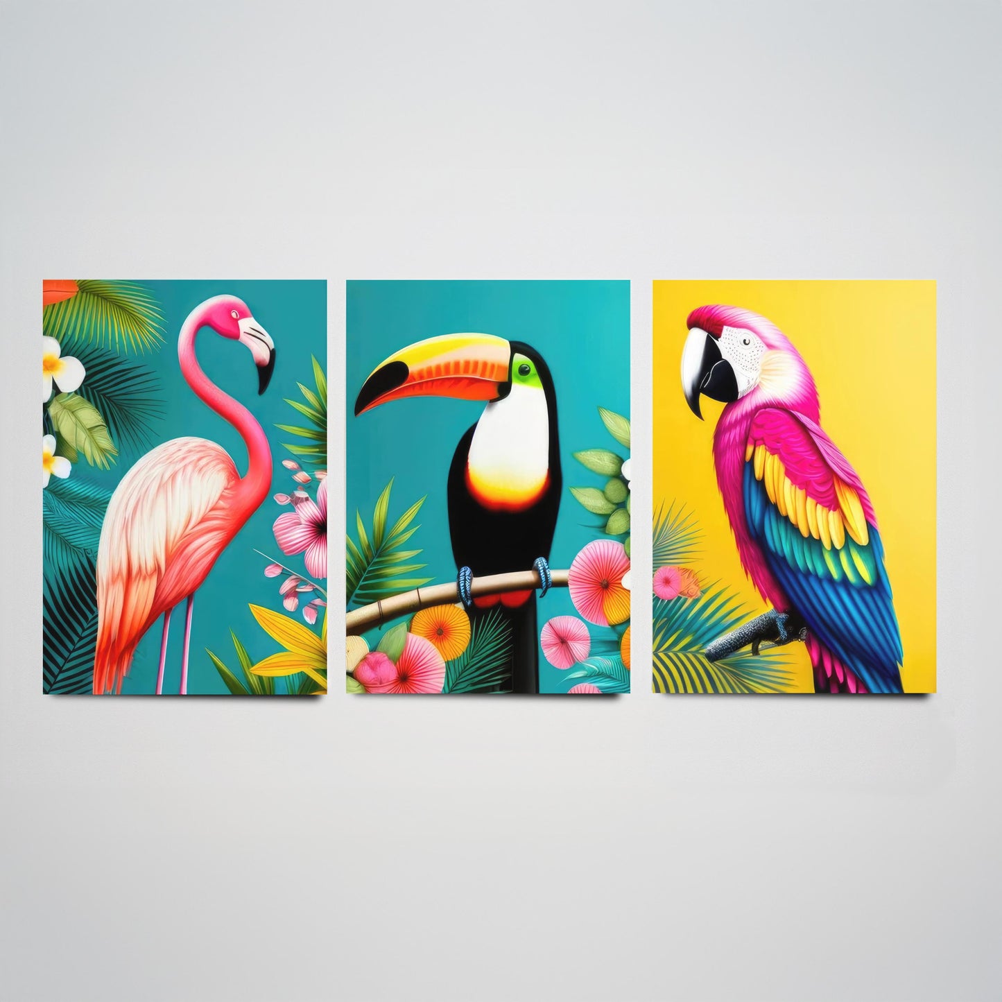 Tropical Birds Set of Three Art Prints - 3 Flamingo Toucan Parrot Posters - Colourful Pop Art Illustration Wall Decor Bird Gift