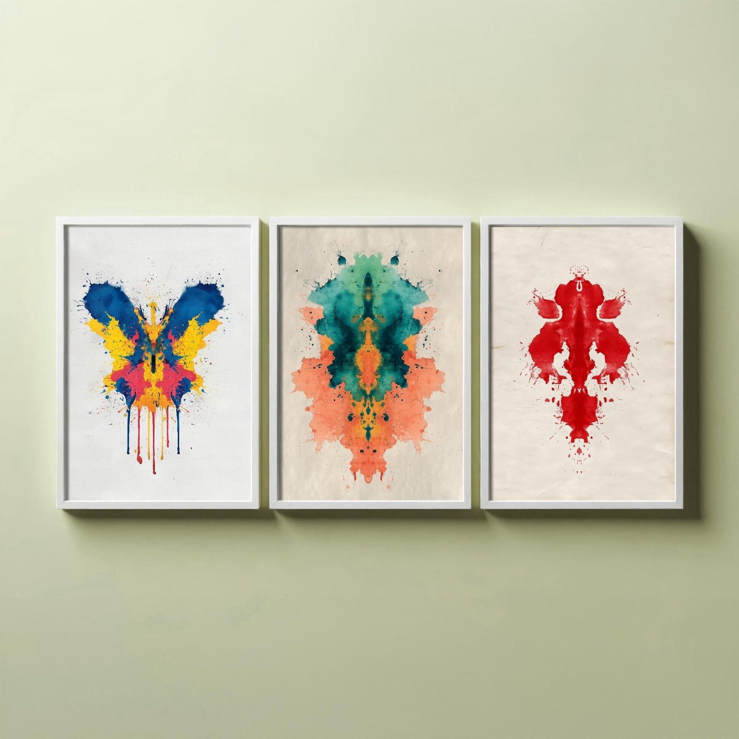 Colourful Rorschach Set of Three Art Prints - 3 Abstract Inkblot Posters - Psychology Watercolour Wall Decor Illustration Gift