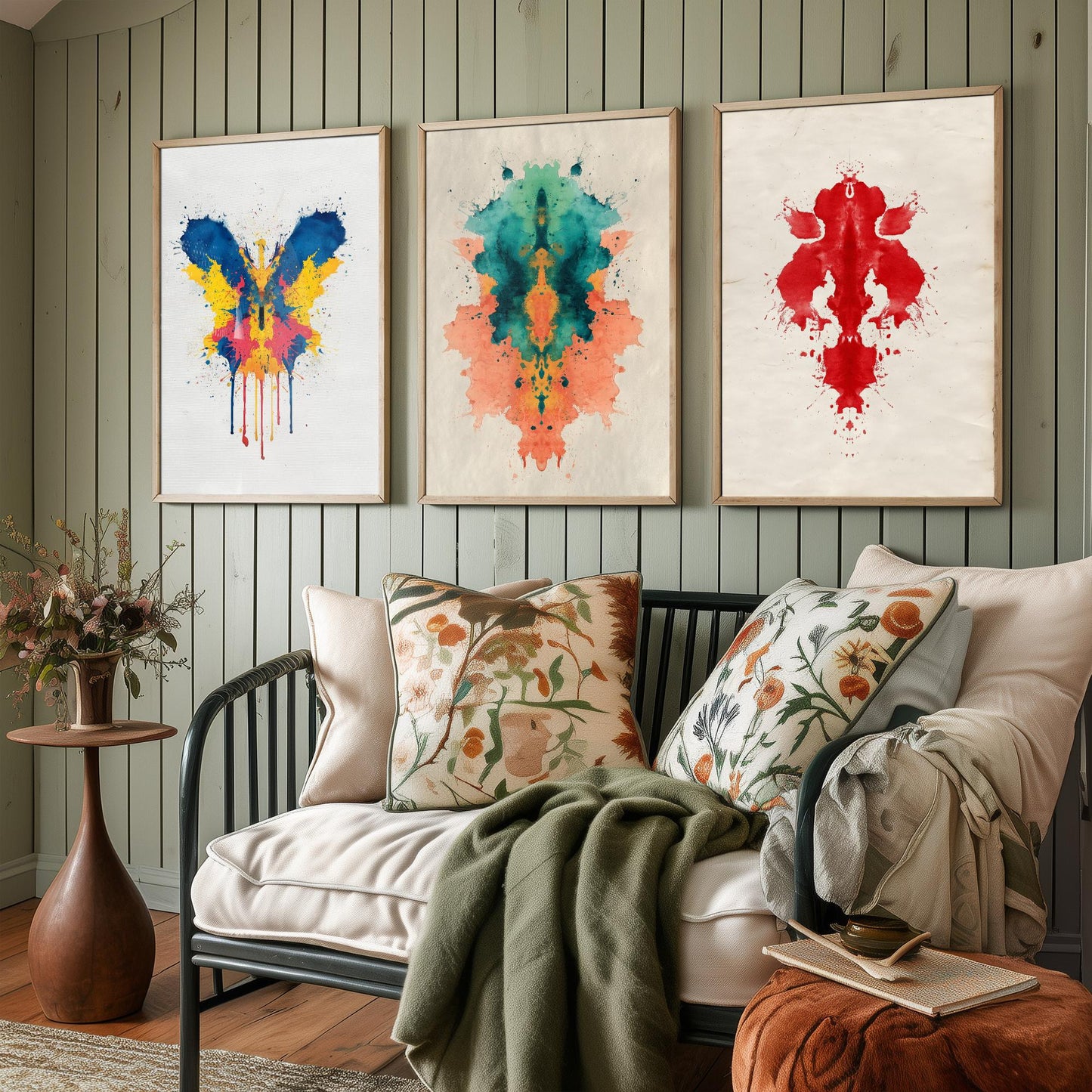 Colourful Rorschach Set of Three Art Prints - 3 Abstract Inkblot Posters - Psychology Watercolour Wall Decor Illustration Gift