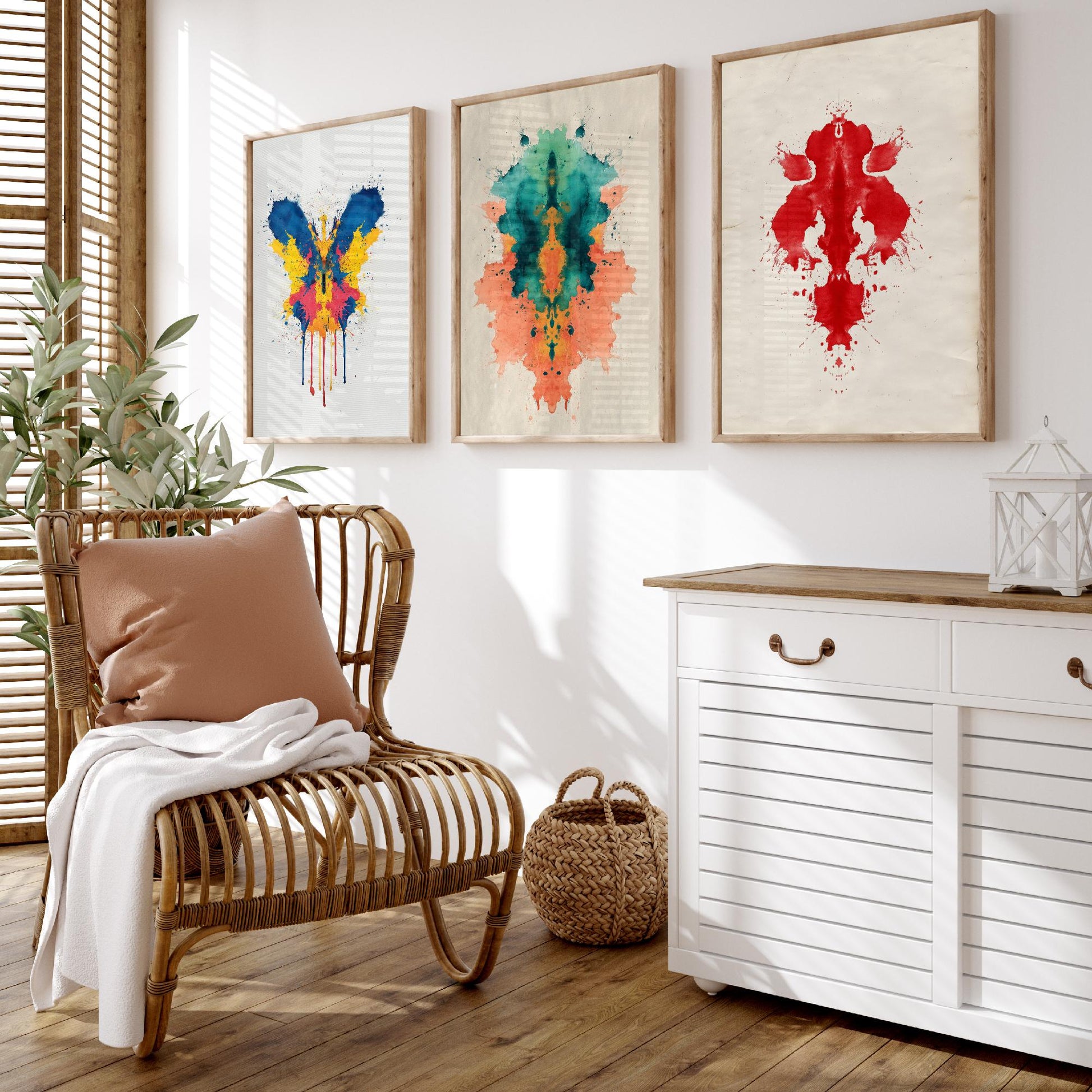 Colourful Rorschach Set of Three Art Prints - 3 Abstract Inkblot Posters - Psychology Watercolour Wall Decor Illustration Gift
