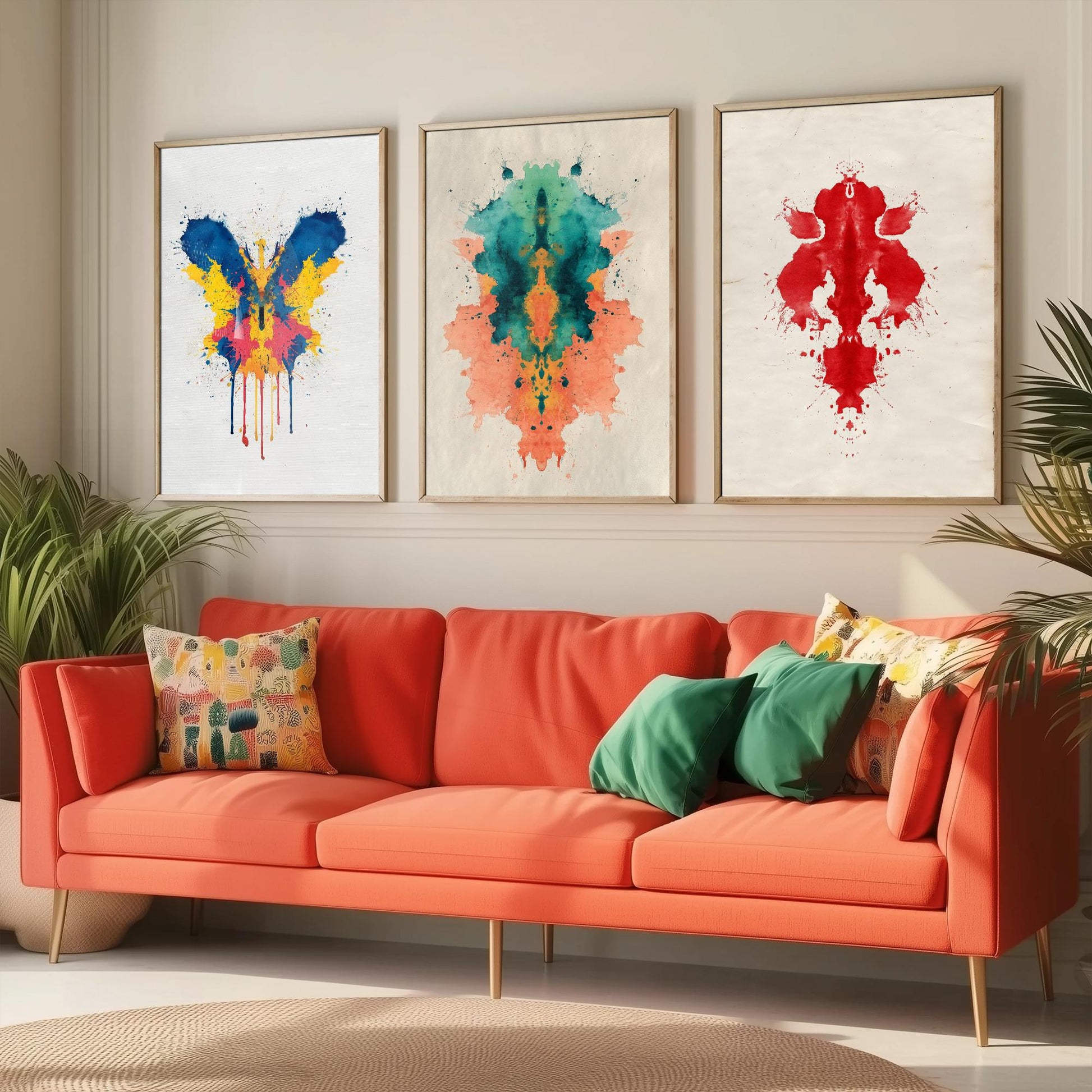Colourful Rorschach Set of Three Art Prints - 3 Abstract Inkblot Posters - Psychology Watercolour Wall Decor Illustration Gift