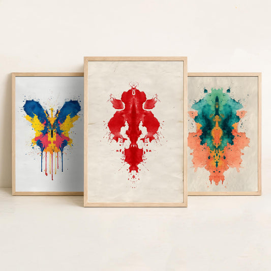 Colourful Rorschach Set of Three Art Prints - 3 Abstract Inkblot Posters - Psychology Watercolour Wall Decor Illustration Gift