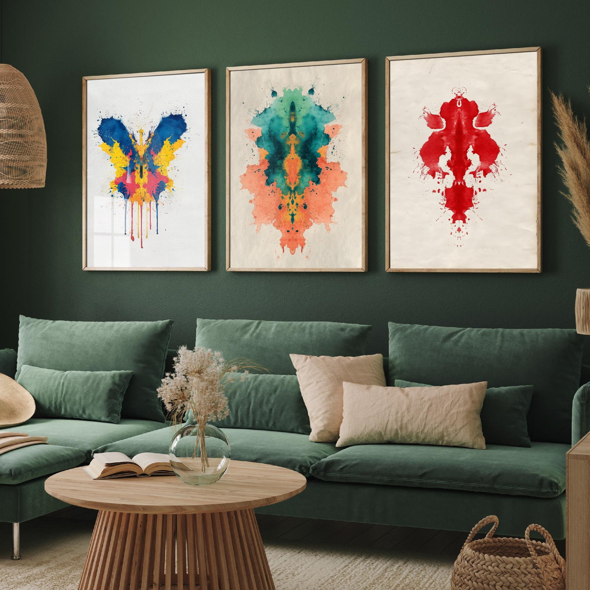Colourful Rorschach Set of Three Art Prints - 3 Abstract Inkblot Posters - Psychology Watercolour Wall Decor Illustration Gift