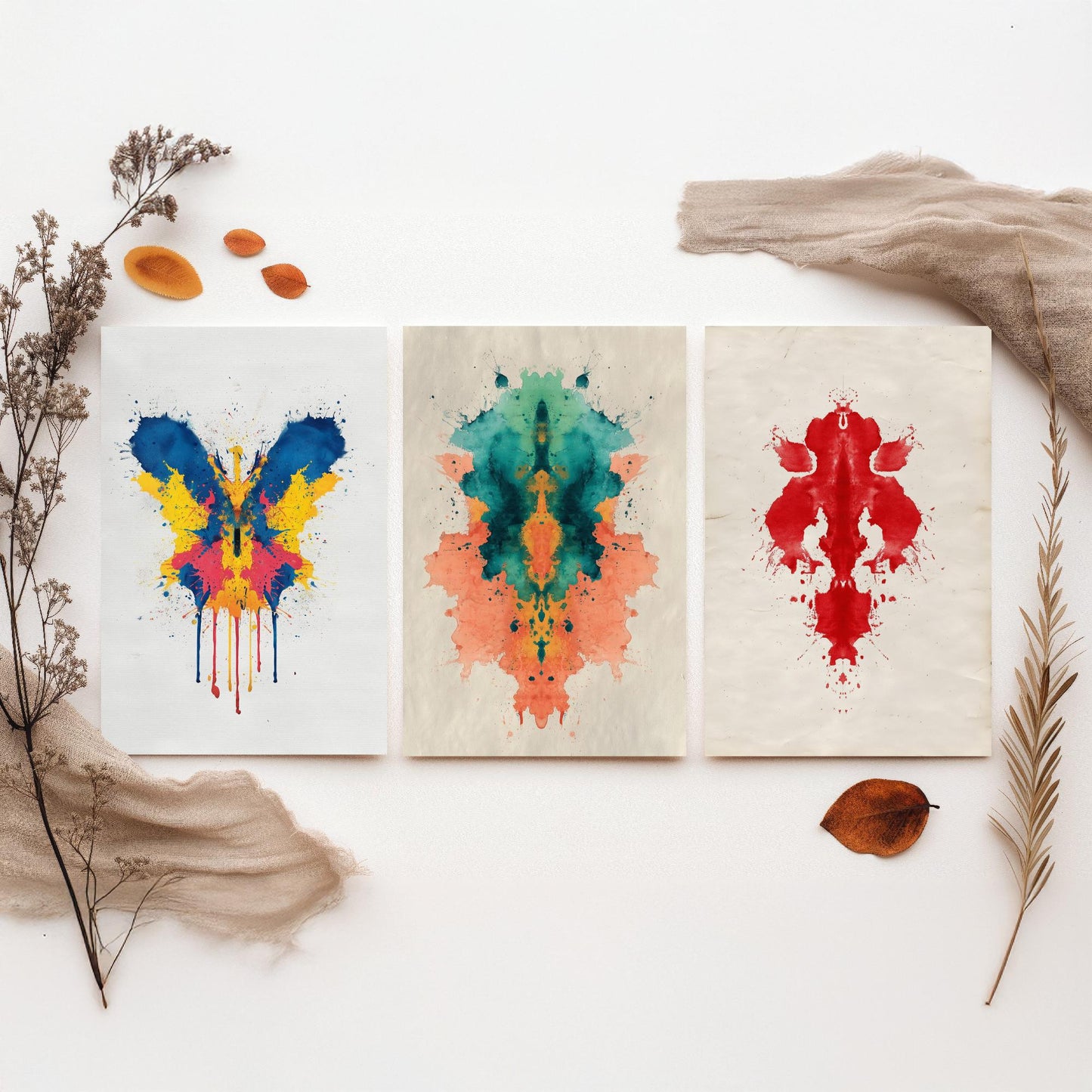 Colourful Rorschach Set of Three Art Prints - 3 Abstract Inkblot Posters - Psychology Watercolour Wall Decor Illustration Gift