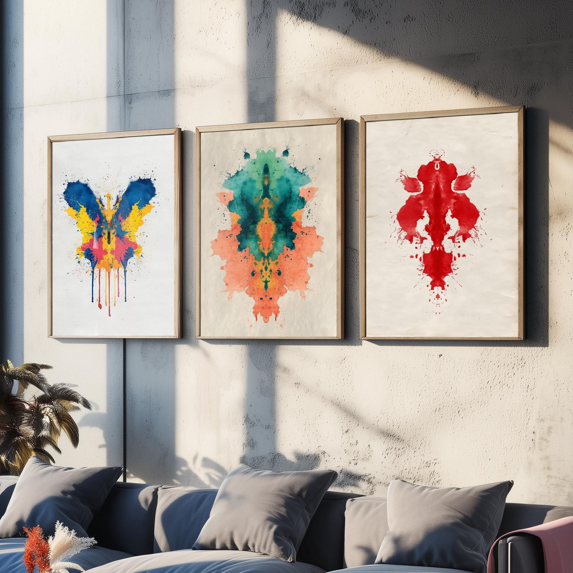 Colourful Rorschach Set of Three Art Prints - 3 Abstract Inkblot Posters - Psychology Watercolour Wall Decor Illustration Gift