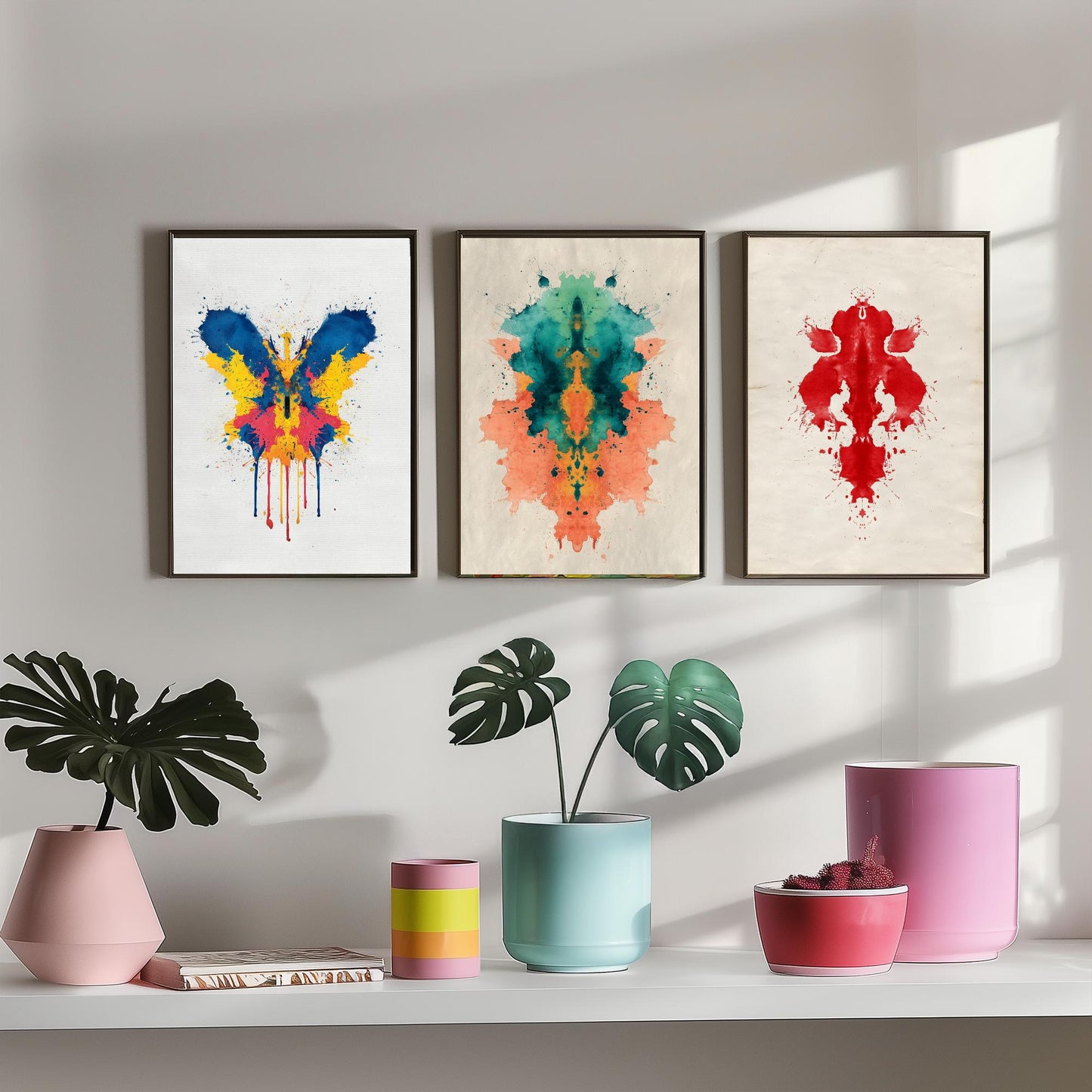 Colourful Rorschach Set of Three Art Prints - 3 Abstract Inkblot Posters - Psychology Watercolour Wall Decor Illustration Gift