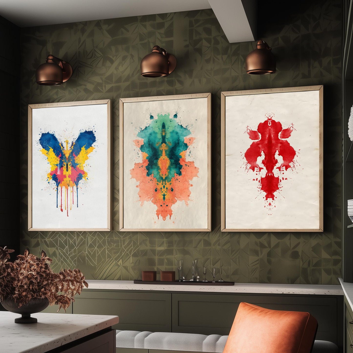 Colourful Rorschach Set of Three Art Prints - 3 Abstract Inkblot Posters - Psychology Watercolour Wall Decor Illustration Gift