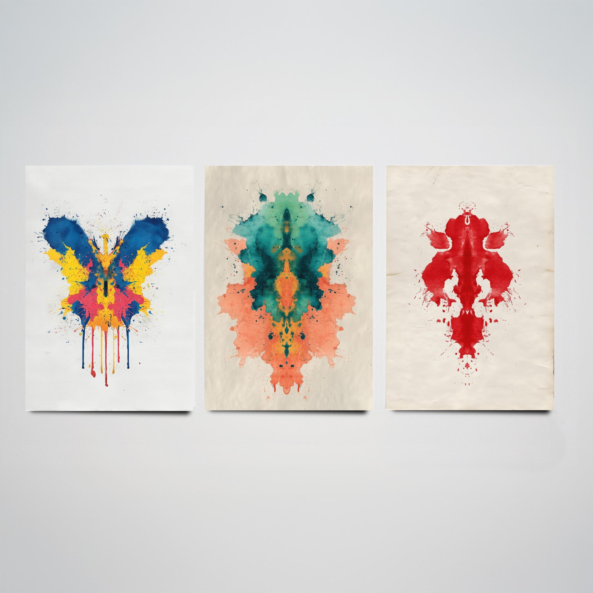 Colourful Rorschach Set of Three Art Prints - 3 Abstract Inkblot Posters - Psychology Watercolour Wall Decor Illustration Gift