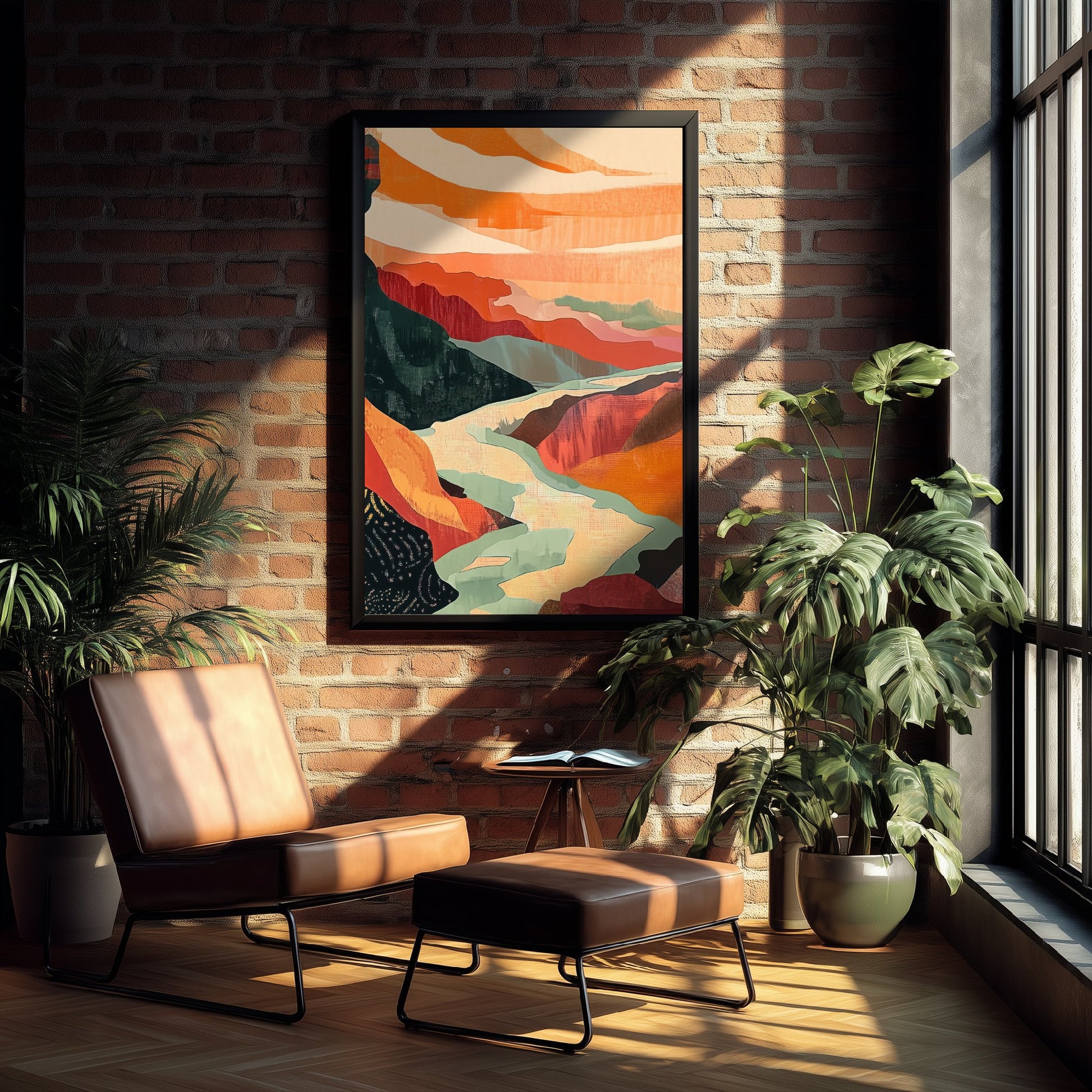 Abstract Canyon River Art Print - Boho Desert Landscape Poster - Warm Textured Painting - Mid Century Wall Art V10 2/3