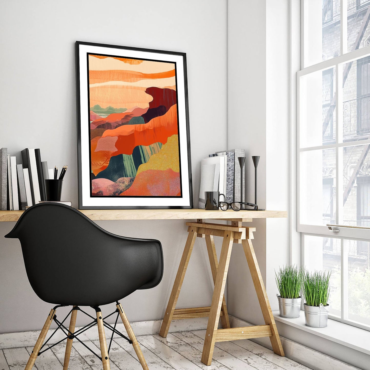 Abstract Canyon Cliffs Art Print - Boho Desert Landscape Poster - Warm Textured Painting - Mid Century Wall Art V10 3/3