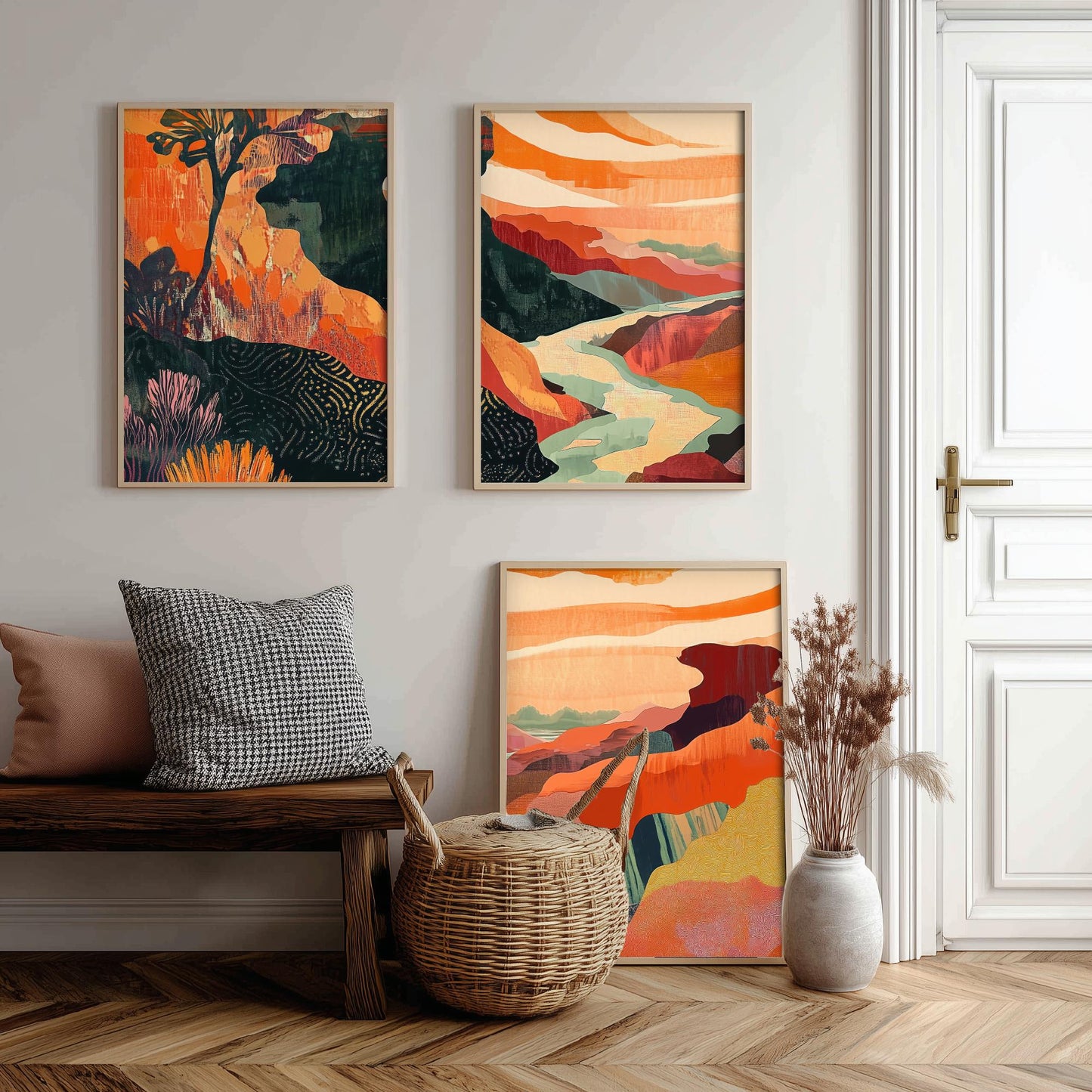 Conceptual Canyon Set of Three Art Prints V10 - Coral Patchwork Gorge - Boho Abstract Landscape Collage Illustration Poster Decor