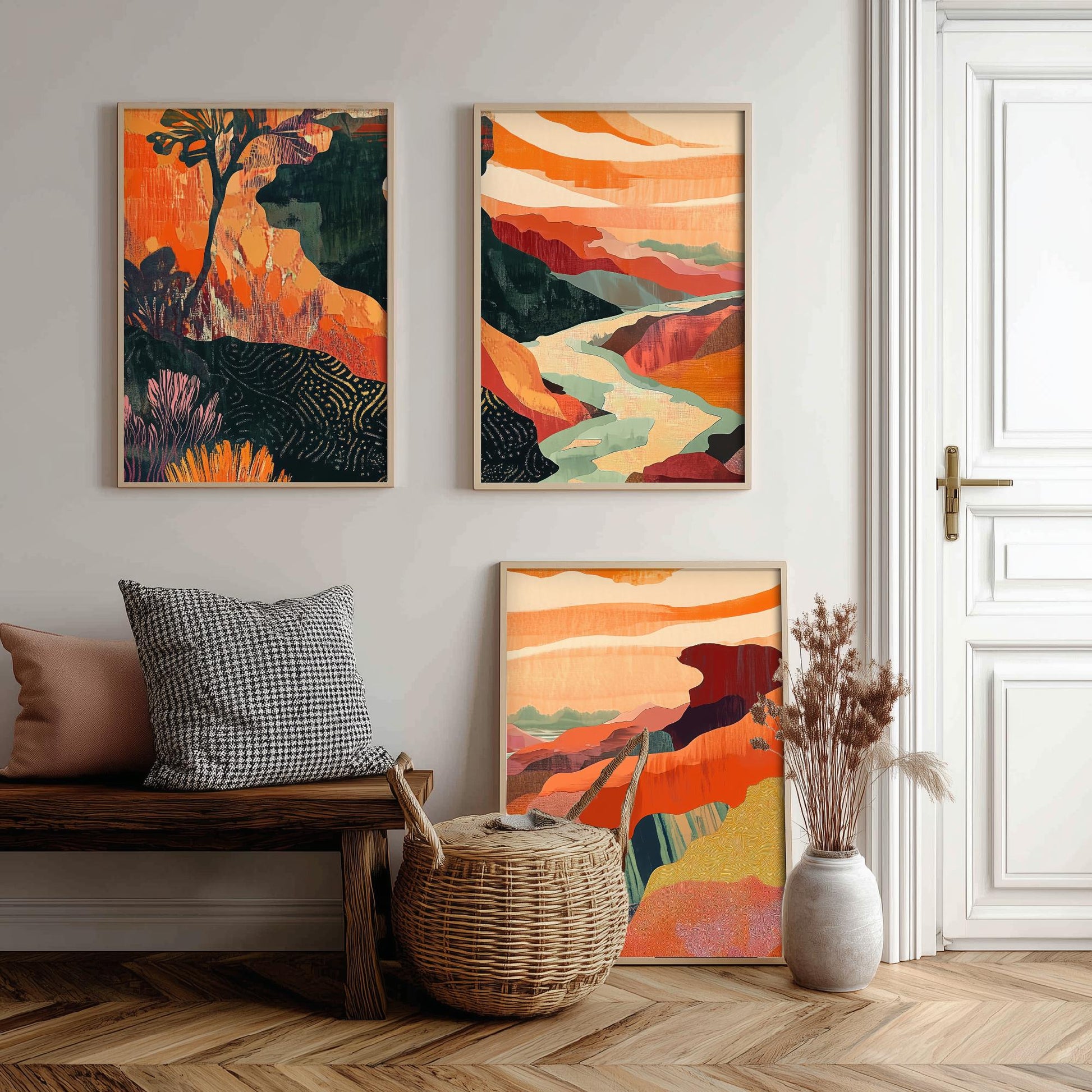 Conceptual Canyon Set of Three Art Prints V10 - Coral Patchwork Gorge - Boho Abstract Landscape Collage Illustration Poster Decor