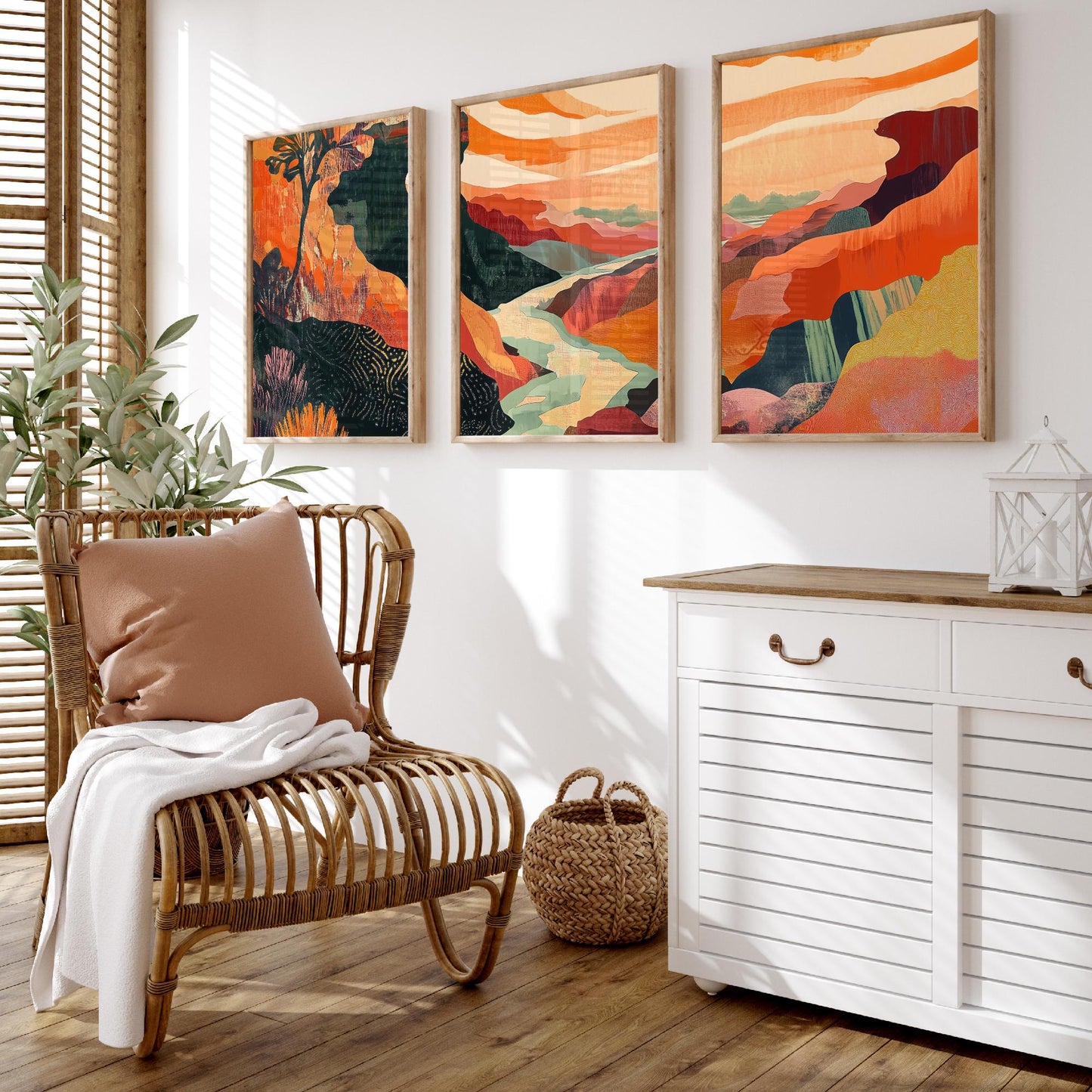 Conceptual Canyon Set of Three Art Prints V10 - Coral Patchwork Gorge - Boho Abstract Landscape Collage Illustration Poster Decor