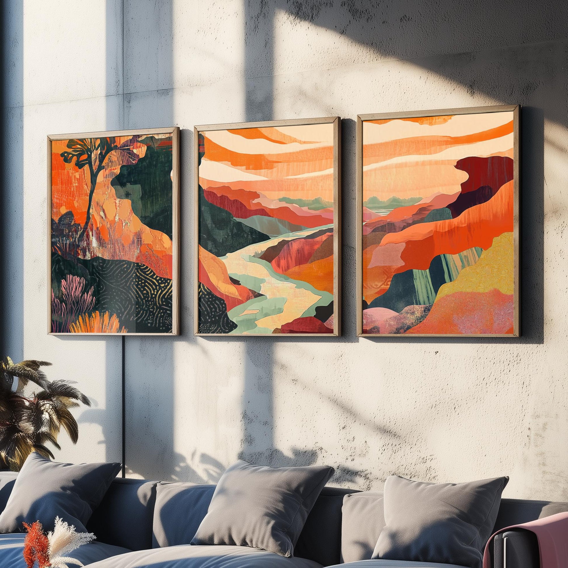 Conceptual Canyon Set of Three Art Prints V10 - Coral Patchwork Gorge - Boho Abstract Landscape Collage Illustration Poster Decor