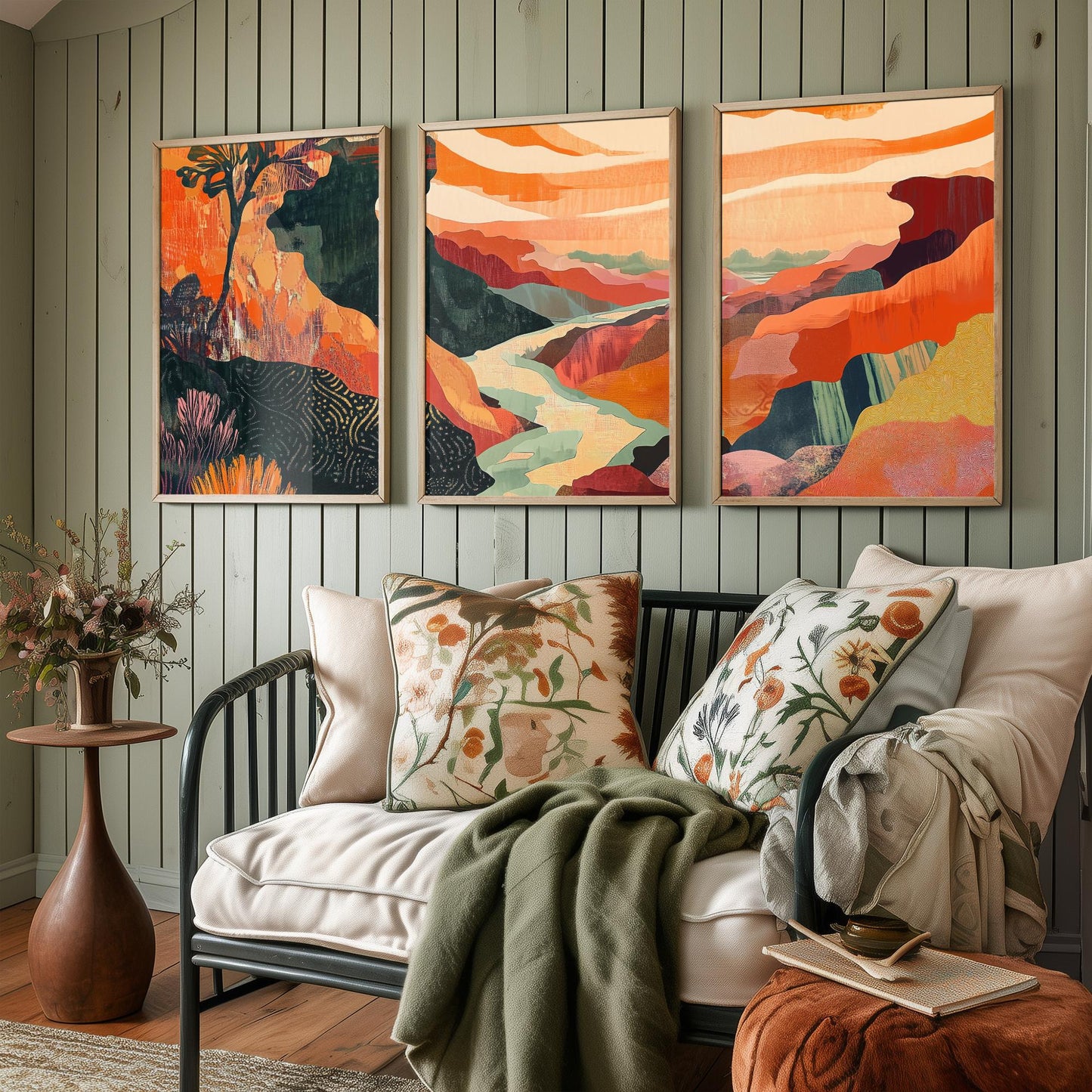 Conceptual Canyon Set of Three Art Prints V10 - Coral Patchwork Gorge - Boho Abstract Landscape Collage Illustration Poster Decor