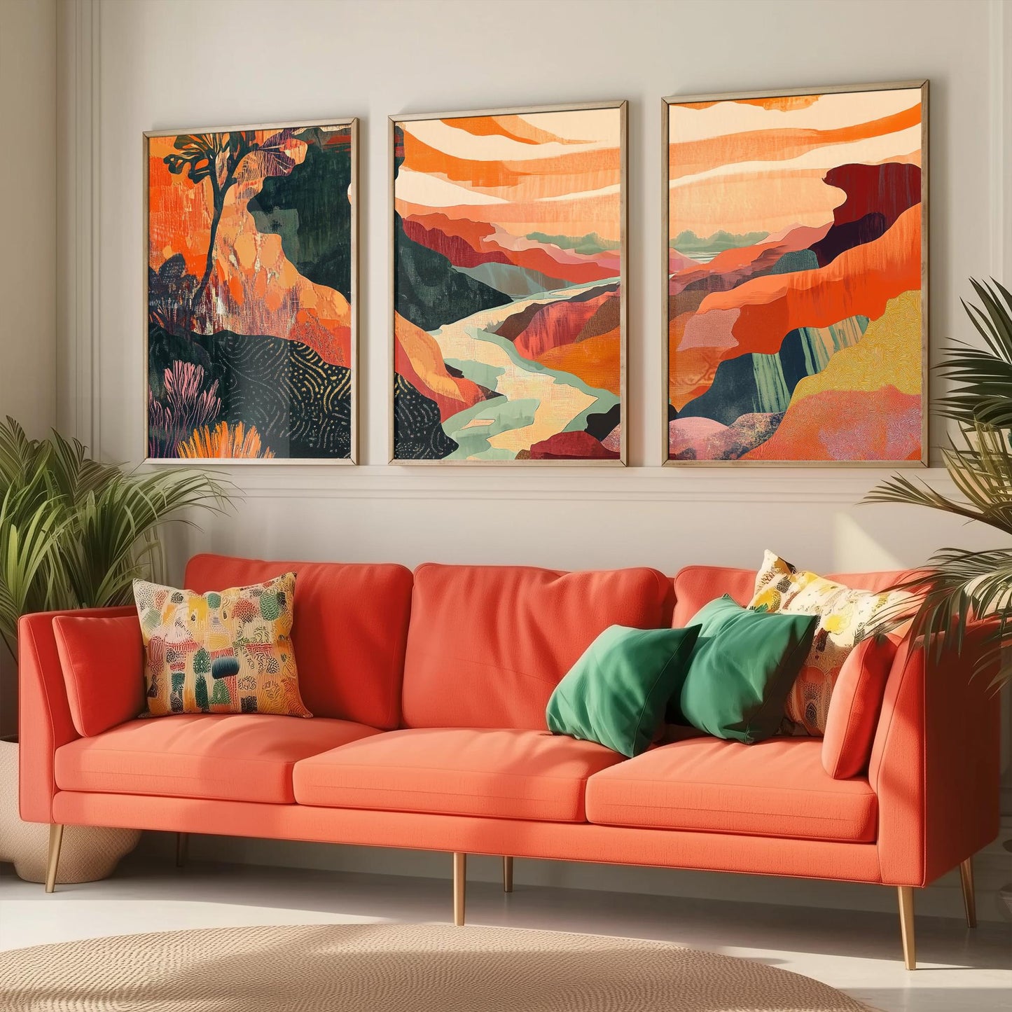 Conceptual Canyon Set of Three Art Prints V10 - Coral Patchwork Gorge - Boho Abstract Landscape Collage Illustration Poster Decor