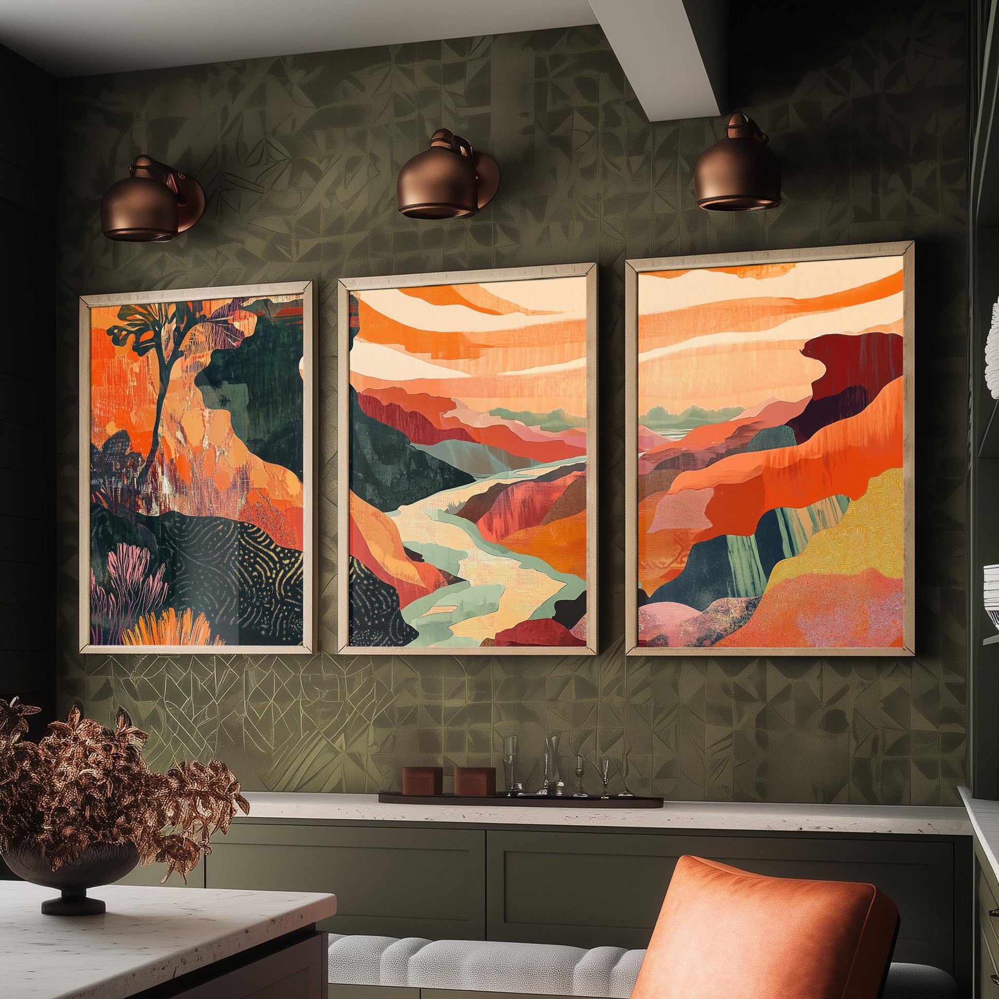 Conceptual Canyon Set of Three Art Prints V10 - Coral Patchwork Gorge - Boho Abstract Landscape Collage Illustration Poster Decor