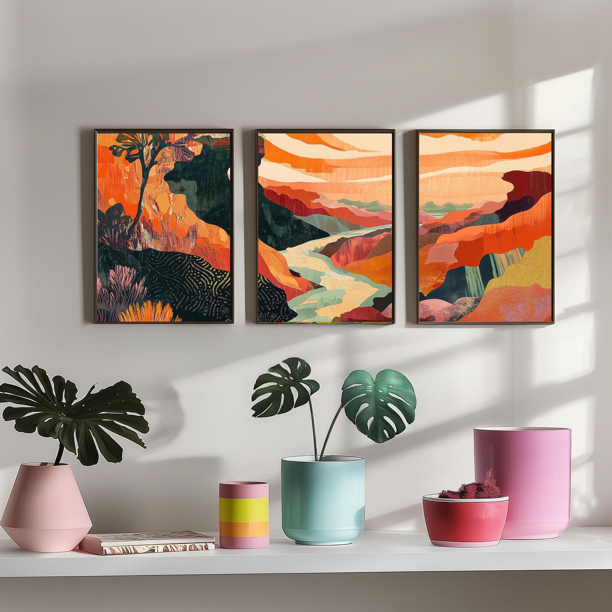 Conceptual Canyon Set of Three Art Prints V10 - Coral Patchwork Gorge - Boho Abstract Landscape Collage Illustration Poster Decor