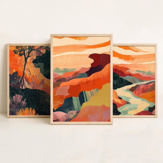 Conceptual Canyon Set of Three Art Prints V10 - Coral Patchwork Gorge - Boho Abstract Landscape Collage Illustration Poster Decor