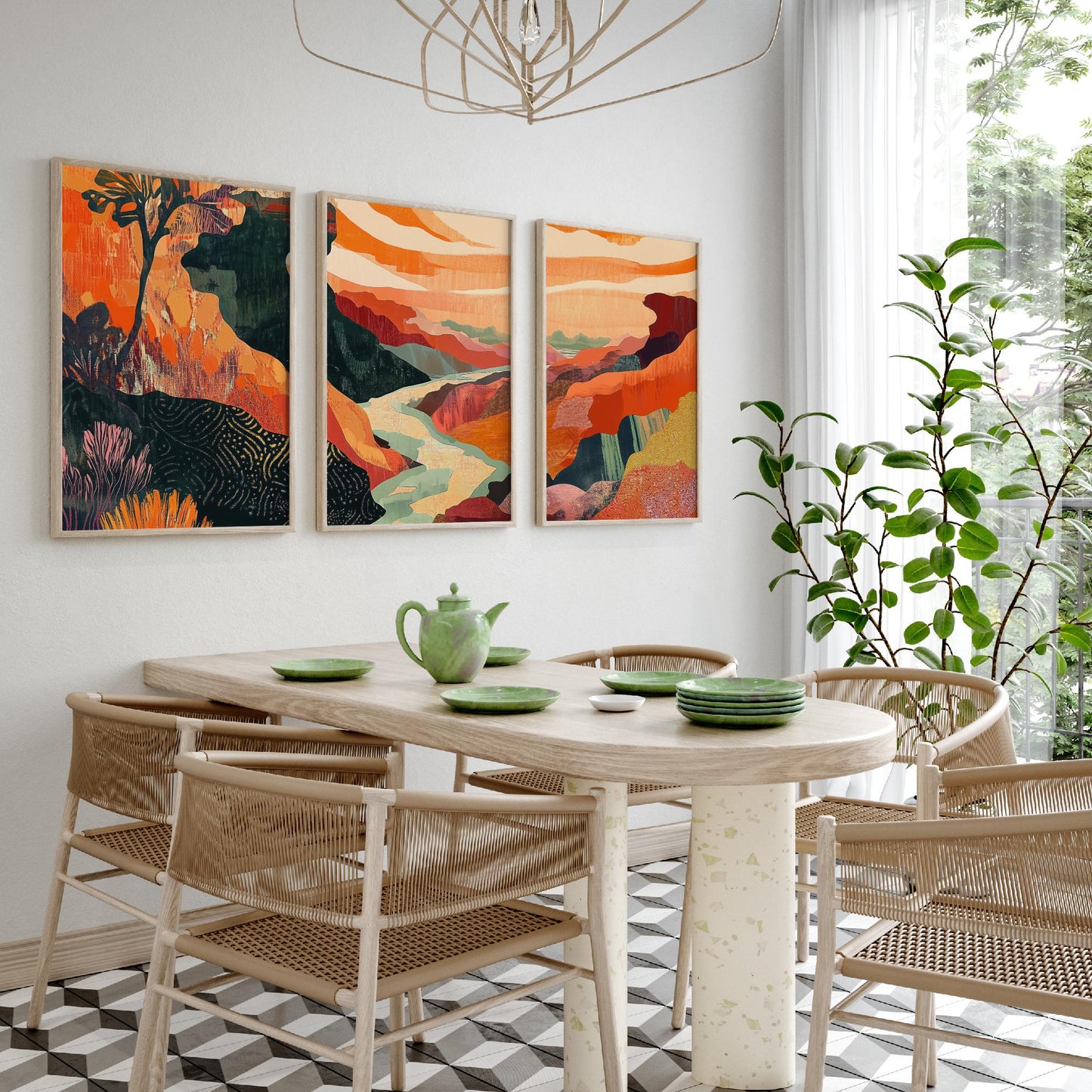 Conceptual Canyon Set of Three Art Prints V10 - Coral Patchwork Gorge - Boho Abstract Landscape Collage Illustration Poster Decor