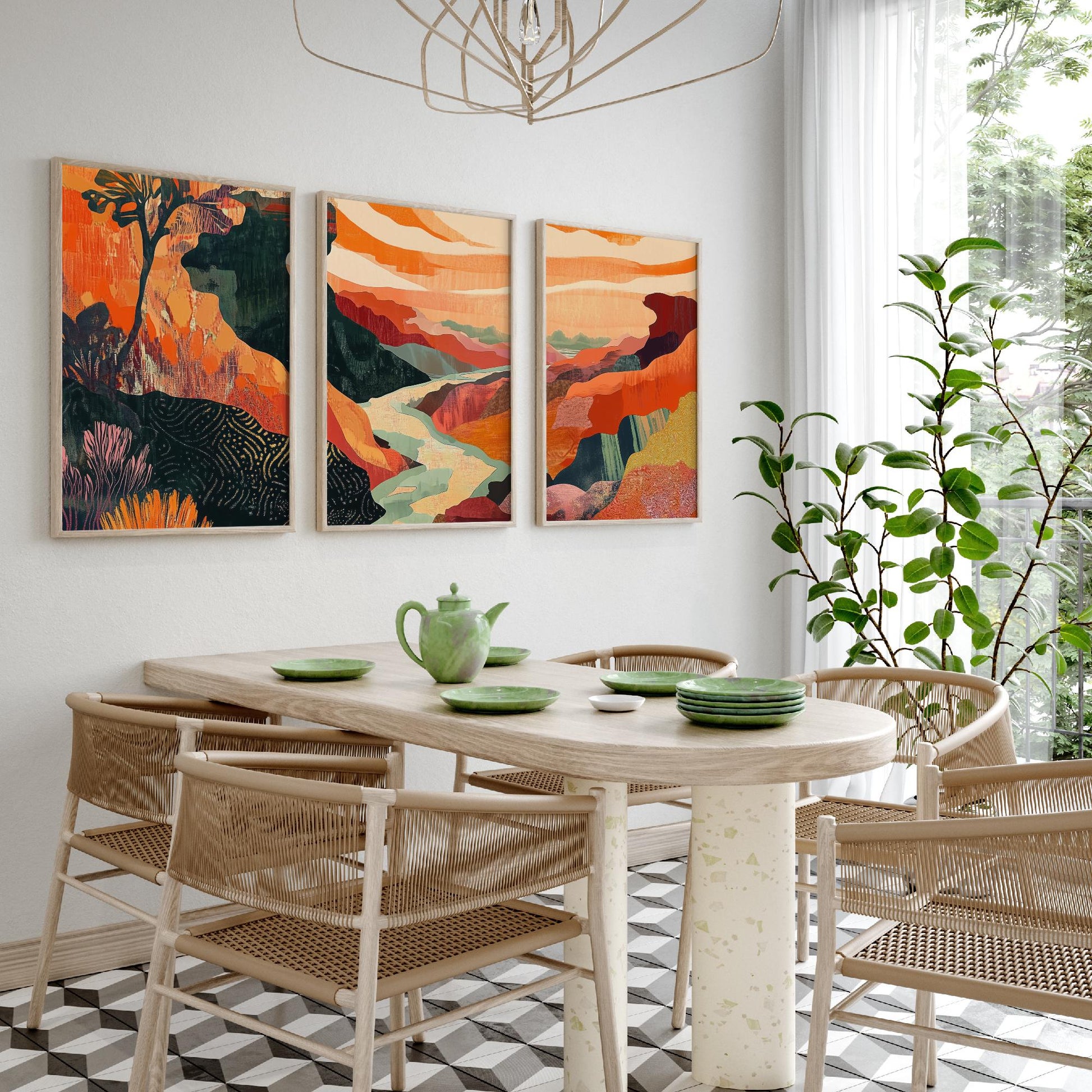 Conceptual Canyon Set of Three Art Prints V10 - Coral Patchwork Gorge - Boho Abstract Landscape Collage Illustration Poster Decor