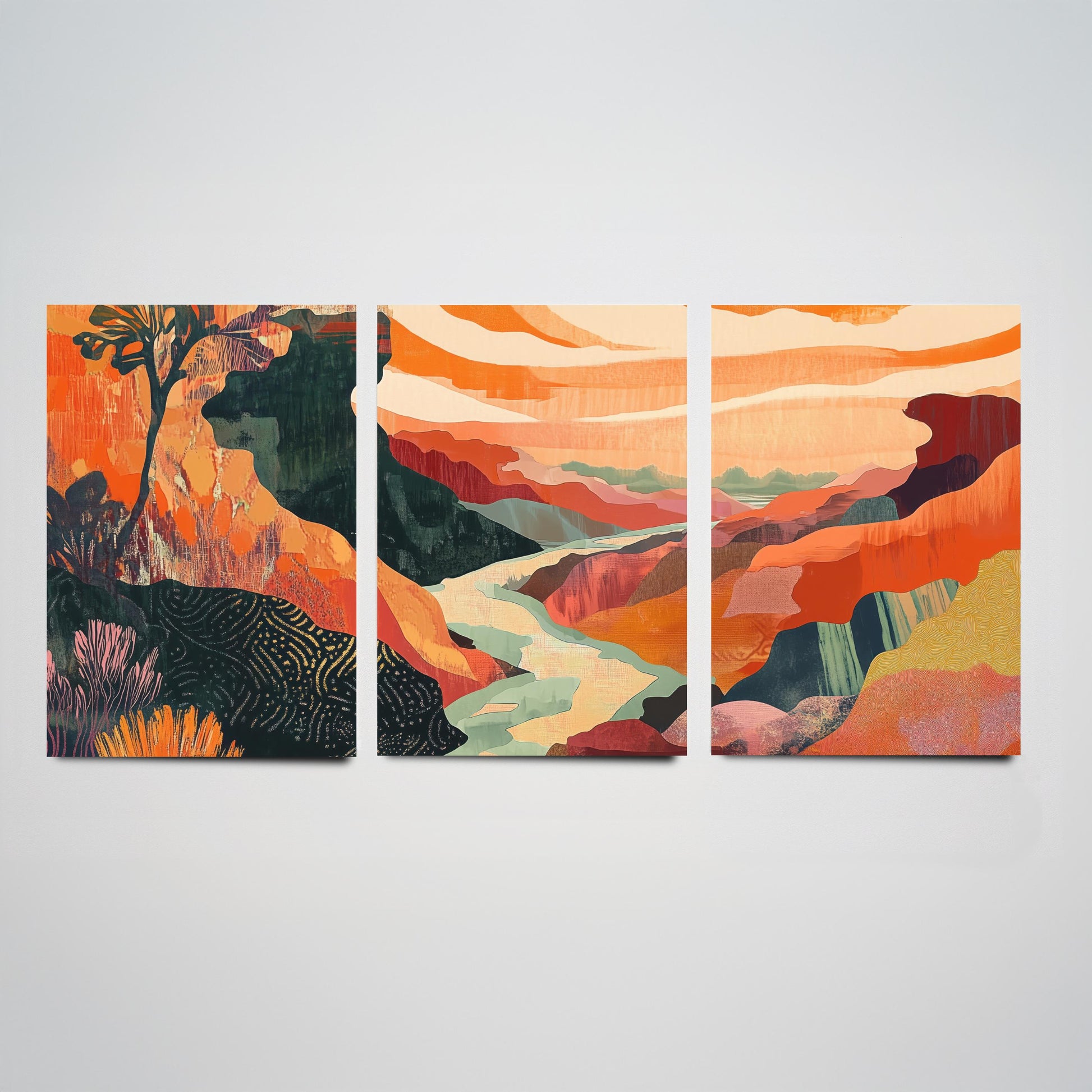 Conceptual Canyon Set of Three Art Prints V10 - Coral Patchwork Gorge - Boho Abstract Landscape Collage Illustration Poster Decor