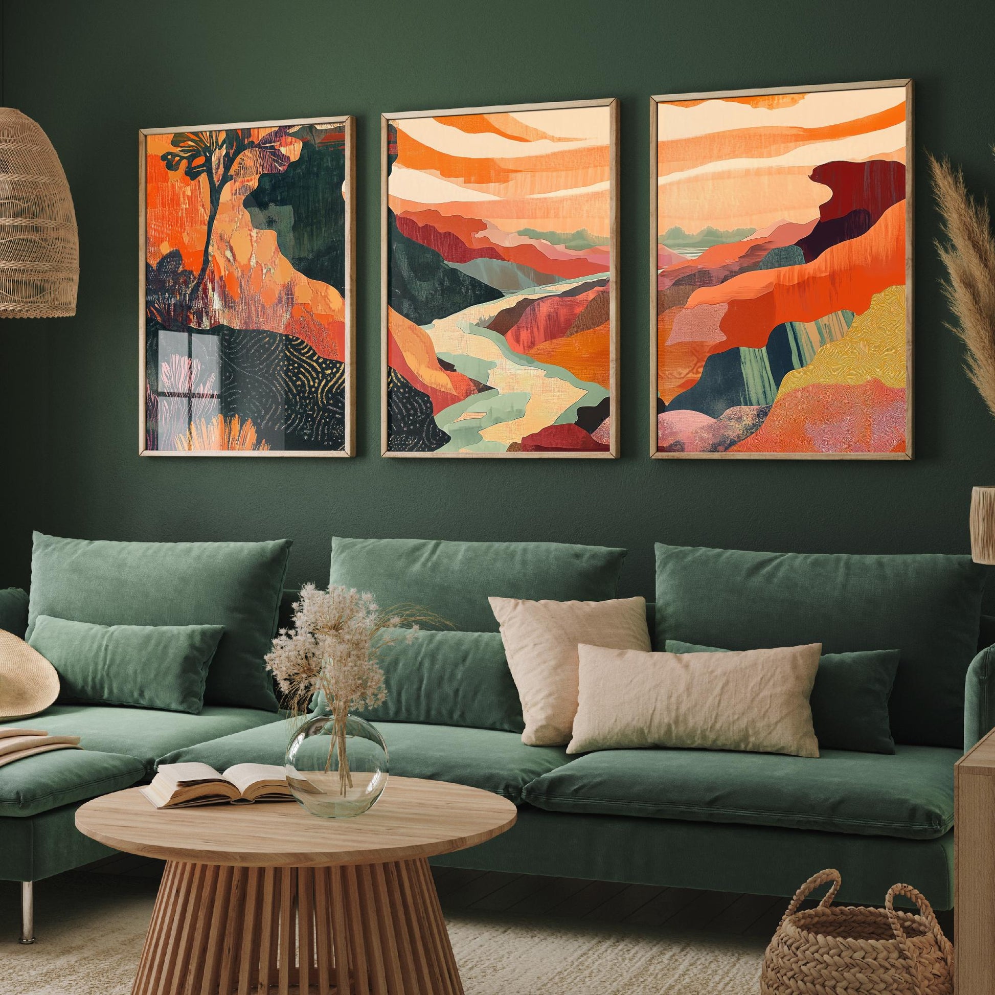 Conceptual Canyon Set of Three Art Prints V10 - Coral Patchwork Gorge - Boho Abstract Landscape Collage Illustration Poster Decor