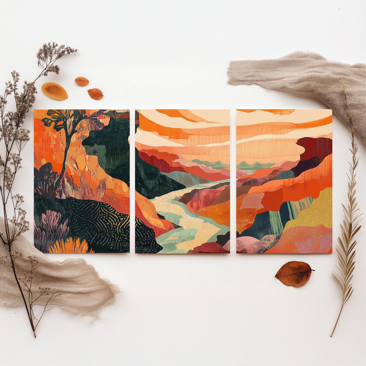 Conceptual Canyon Set of Three Art Prints V10 - Coral Patchwork Gorge - Boho Abstract Landscape Collage Illustration Poster Decor