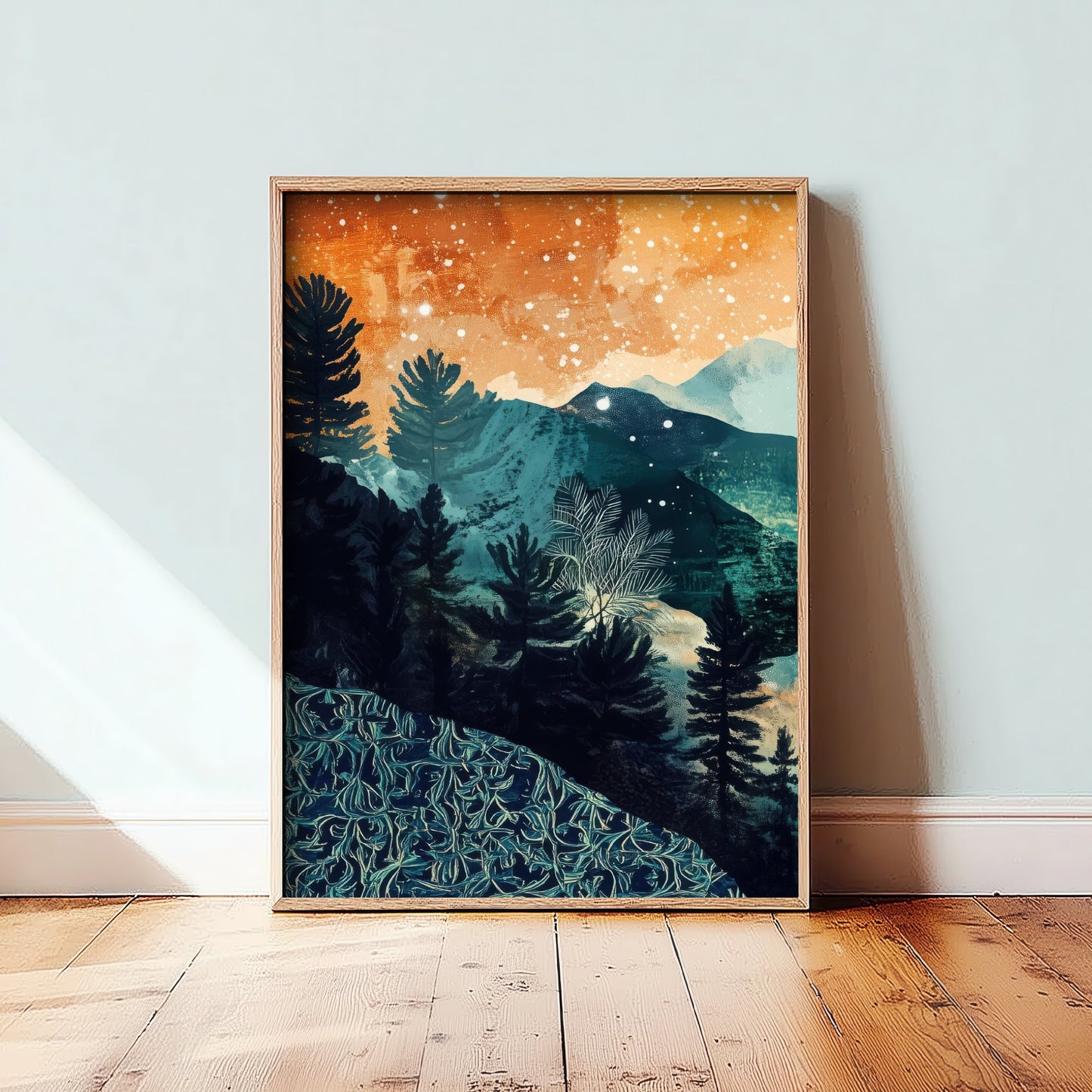 Abstract Mountain Art Print - Teal and Orange Boho Landscape Poster - Mid Century Forest Painting - Starry Sky V11 1/3